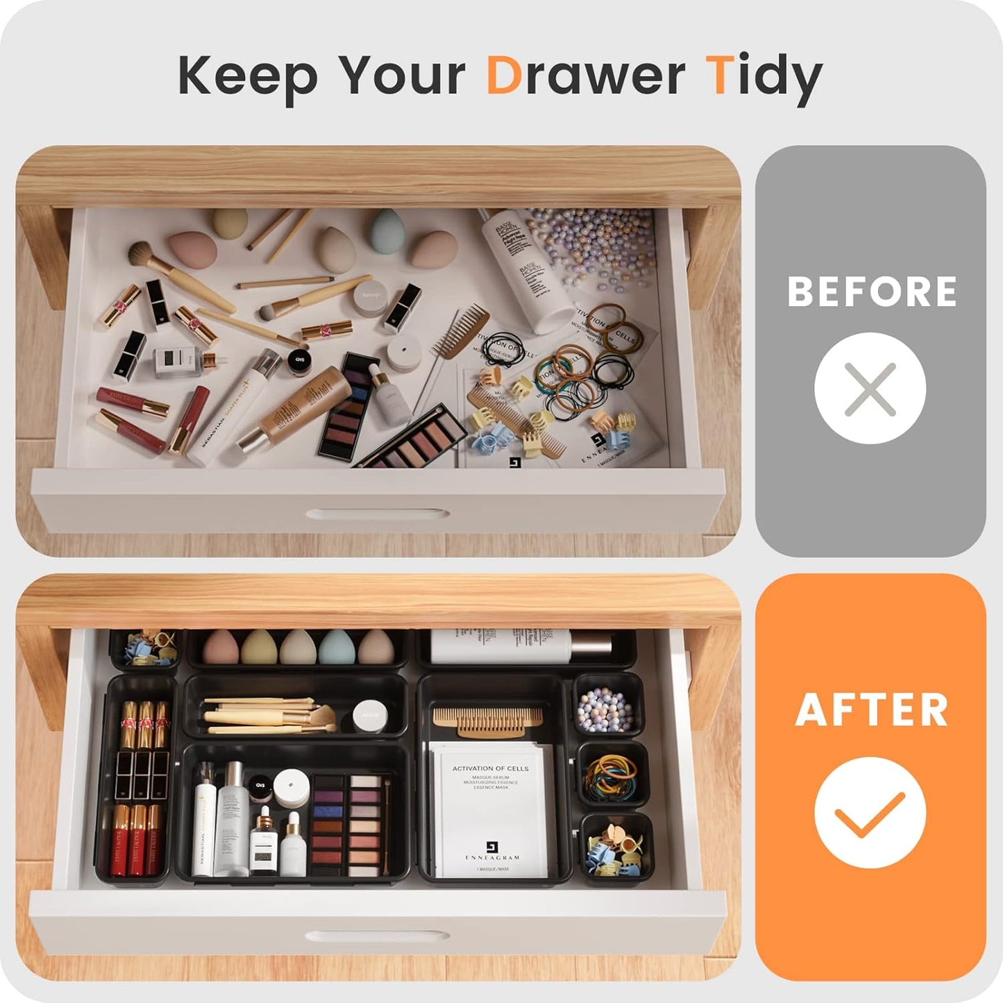 A-LuGei 【28PCS】 Drawer Organizer, Bathroom Organizers and Storage, Makeup organizer, Desk drawer organizer, Storage Bins for Kitchen Office Bedroom Vanity Jewelry Pantry Garage【Black】【4Size】