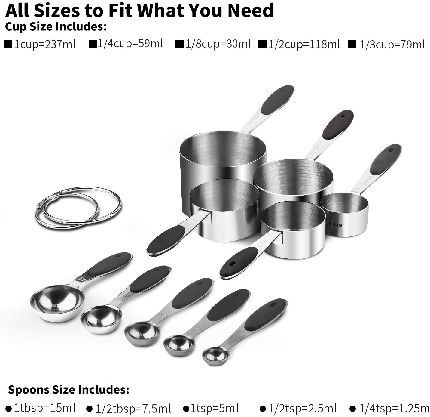 Measuring Cups : U-Taste 18/8 Stainless Steel Measuring Cups and Spoons Set of 10 Piece, Upgraded Thickness Handle(Black)