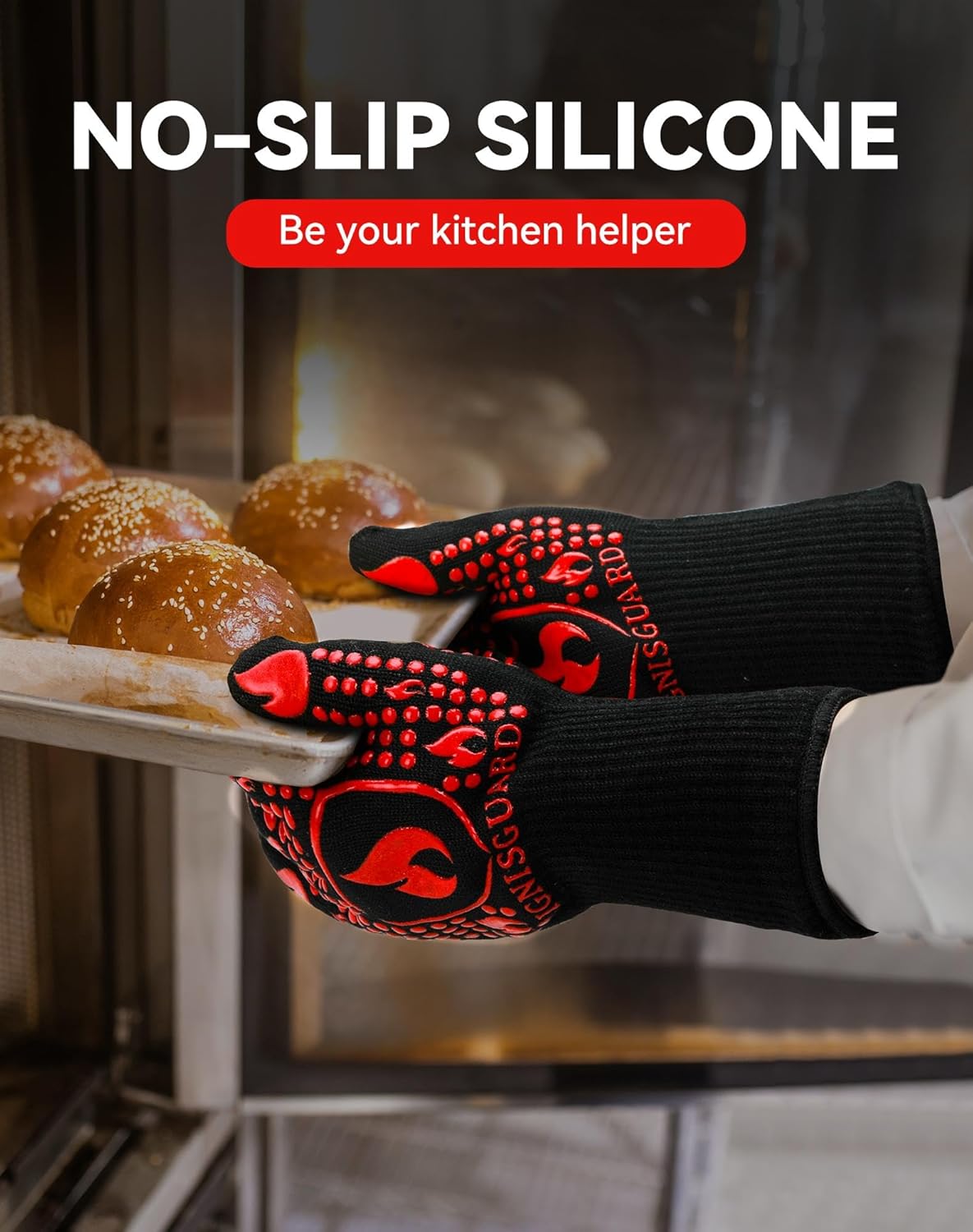 BBQ & Grill Gloves, Oven Gloves, 1472°F Silicone Oven Mitts Heat Resistant Grilling Gloves Fireproof Non-Slip for Barbecue Cooking Baking Smoking, 1-Pair Red（M）