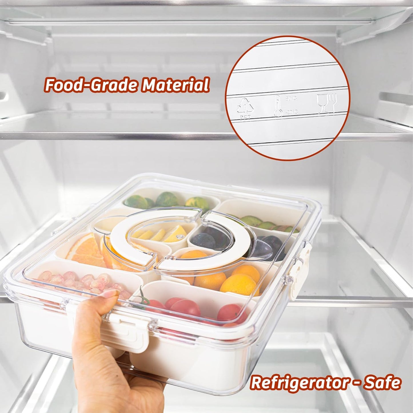 Divided Serving Tray with Lid and Handle - Divided Snack Tray for Portable Snack Platters - Clear Organizer for Candy, Fruits, Nuts, Snacks - Perfect for Party, Entertaining，2 pcs
