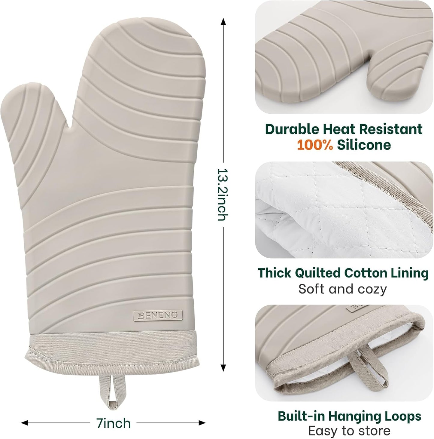 Beneno BPA-Free Silicone Oven Mitts, Heat Resistant Waterproof Oven Mitts with Non-Slip Textured Grip, Comfortable Quilted Lining, Kitchen Pot Holders for Cooking, Baking, Grilling, 7"x13", 2Pcs Beige