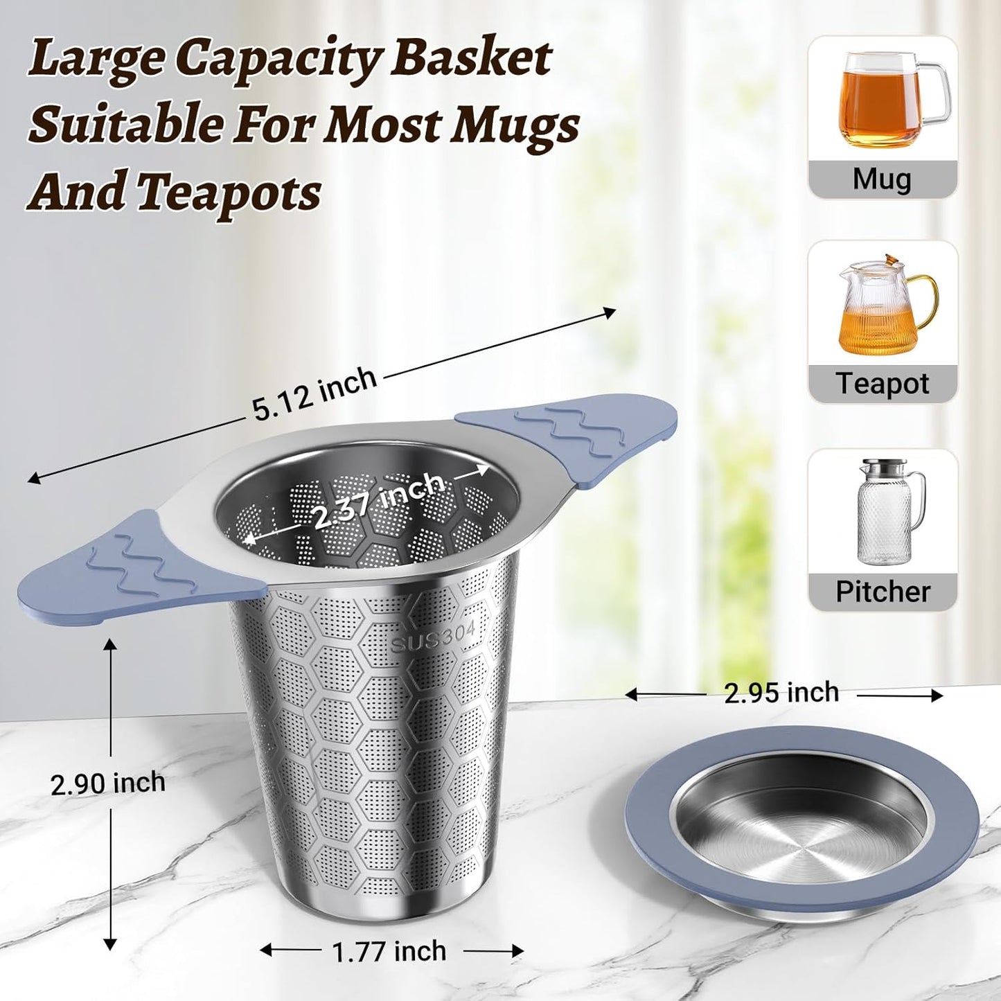 2PCS Tea Infuser for Loose Leaf Tea,Stainless Steel Tea Infuser with Heat Proof Silicone Handles,Extra Fine Mesh Tea Strainers Filter Fine Tea Leaves Effectively,Fits TeaPots/Mugs
