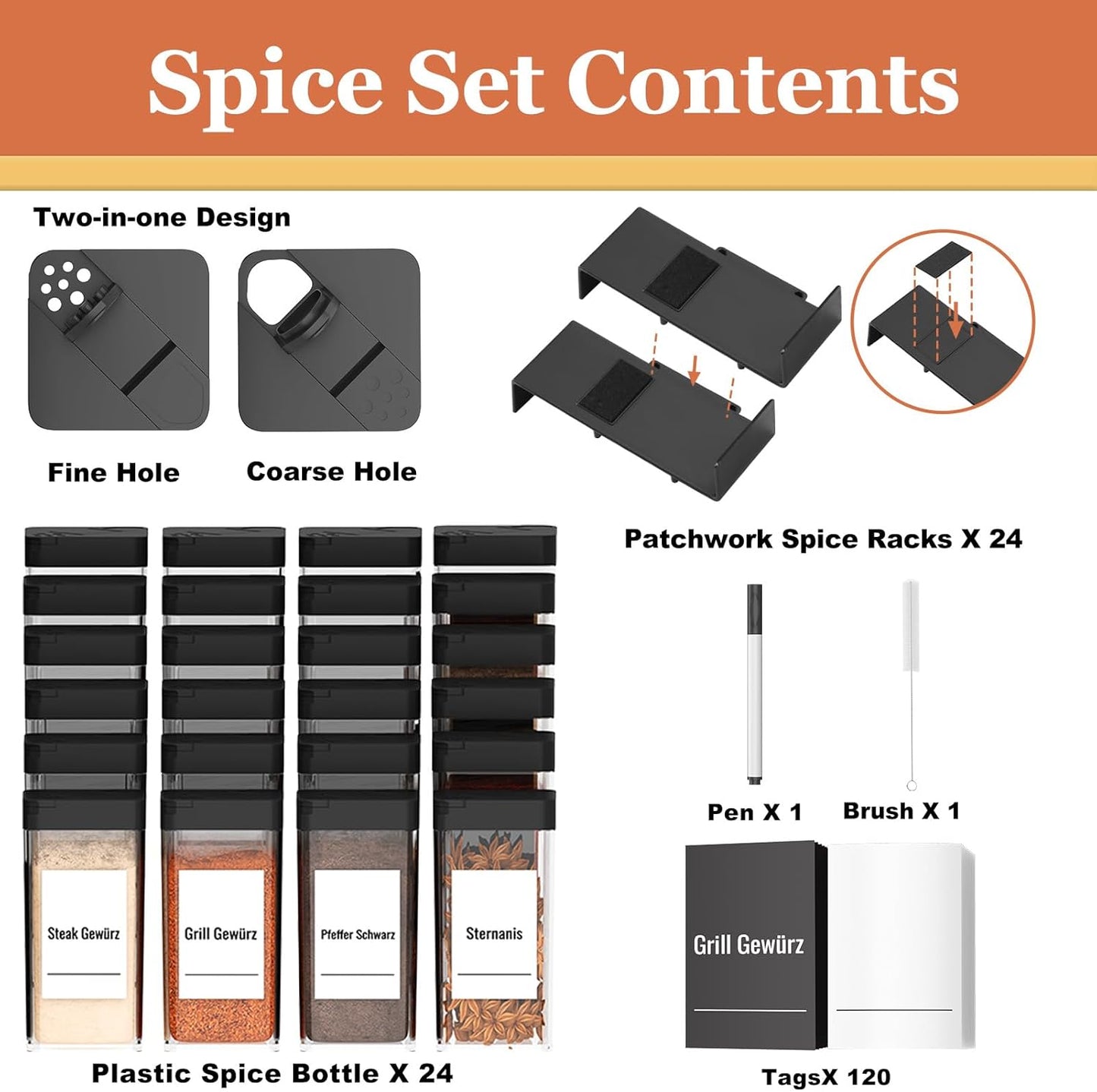 Famhap Spice Drawer Organizer 24 Pcs with 24 Plastic Jars and Labels，Interlocking Expandable Seasoning Rack Tray Insert for Kitchen Drawers, Spice Rack Drawer