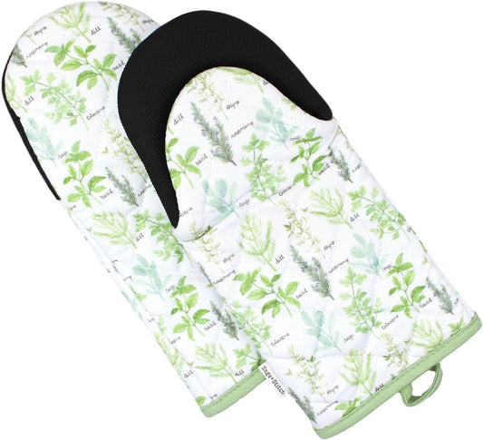 Heat Resistant Designer Kitchen Oven Mitts with Neoprene Non-Slip Grips and Hanging Loops | Set of 2 100% Cotton Long Sleeve Kitchen Oven Mitts | 5.5" x 12" | Green Herbs