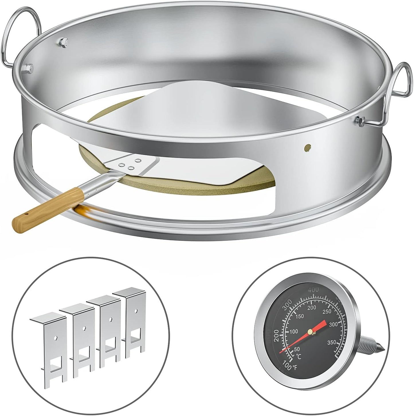 onlyfire Stainless Steel Pizza Ring Kit Pizza Oven Kit for Weber 22-Inch Kettle Grills - Include Pizza Stone and Aluminum Peel