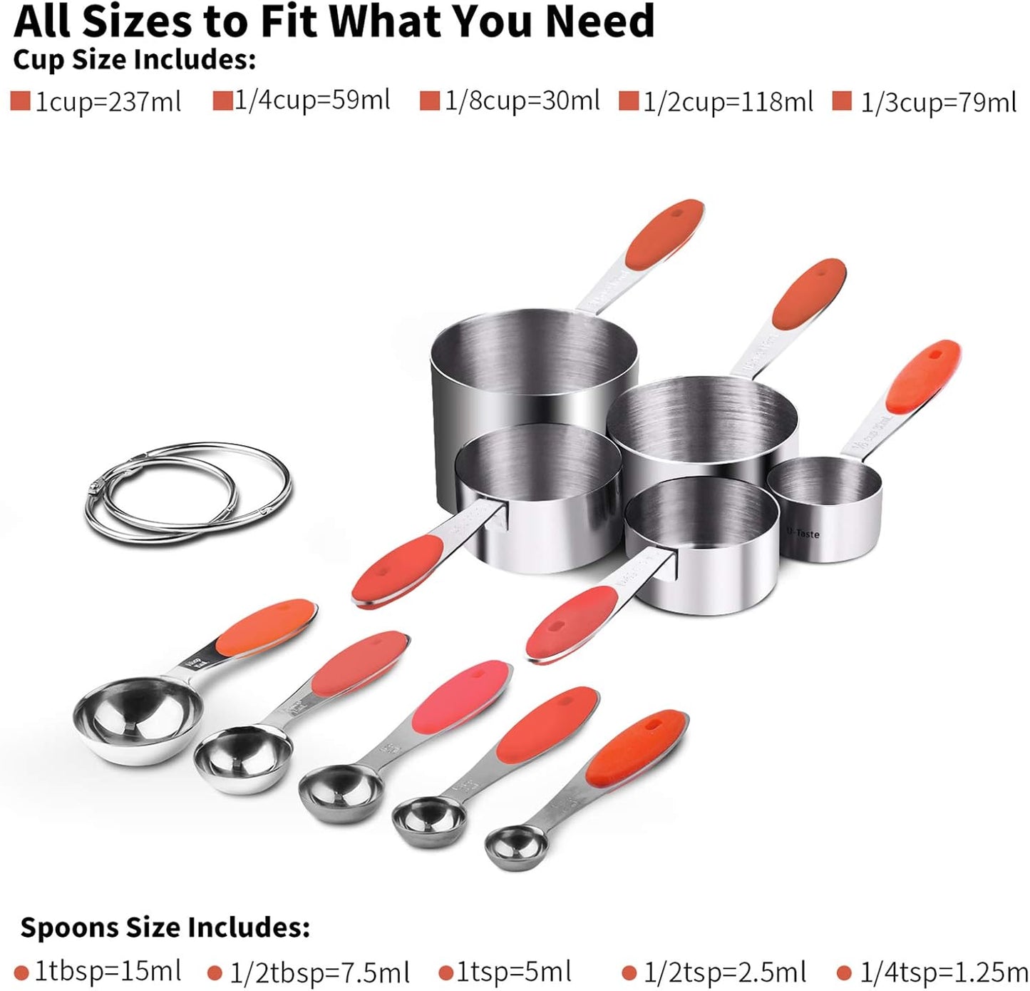 Measuring Cups : U-Taste 18/8 Stainless Steel Measuring Cups and Spoons Set of 10 Piece, Upgraded Thickness Handle(Red)