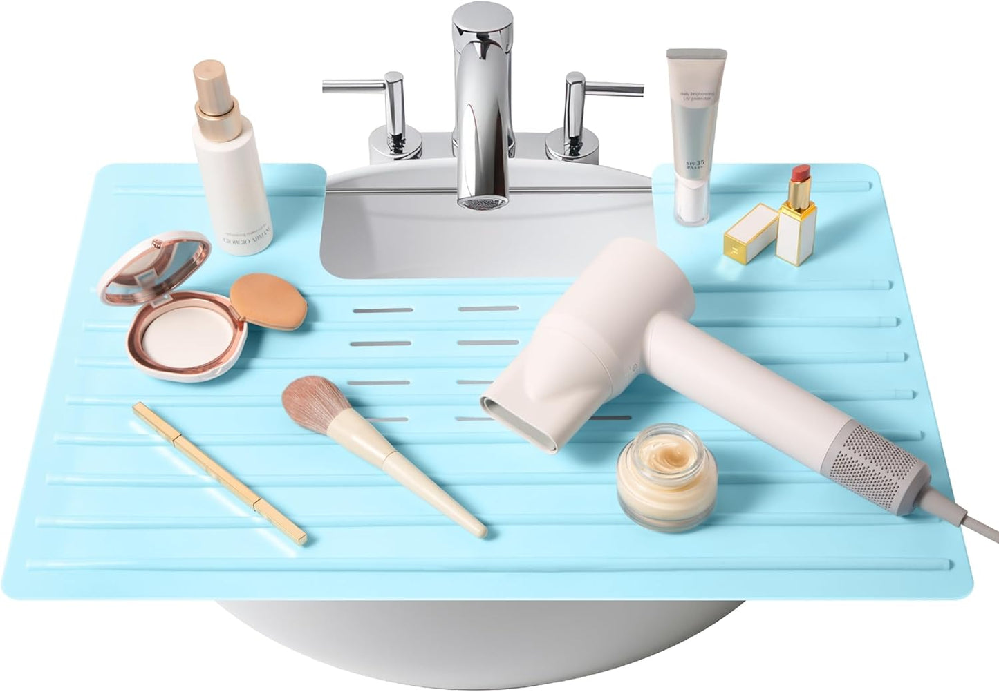 Maplefield Bathroom Sink Cover for Counter Space, Heat Resistant Silicone Sink Mat for Your Beauty Routine, Small Bathroom Space Saver Sink Cover for Makeup (Light Blue Large, 22 x 2 x 2 Inches)