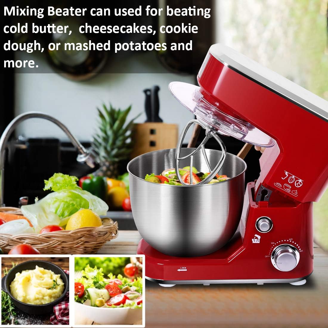 CUSIMAX Stand Mixer, 5-QT Stainless Steel Bowl Food Mixer, Tilt-Head Kitchen Electric Mixer with Dough Hook, Mixing Beater and Whisk, Splash Guard, Red