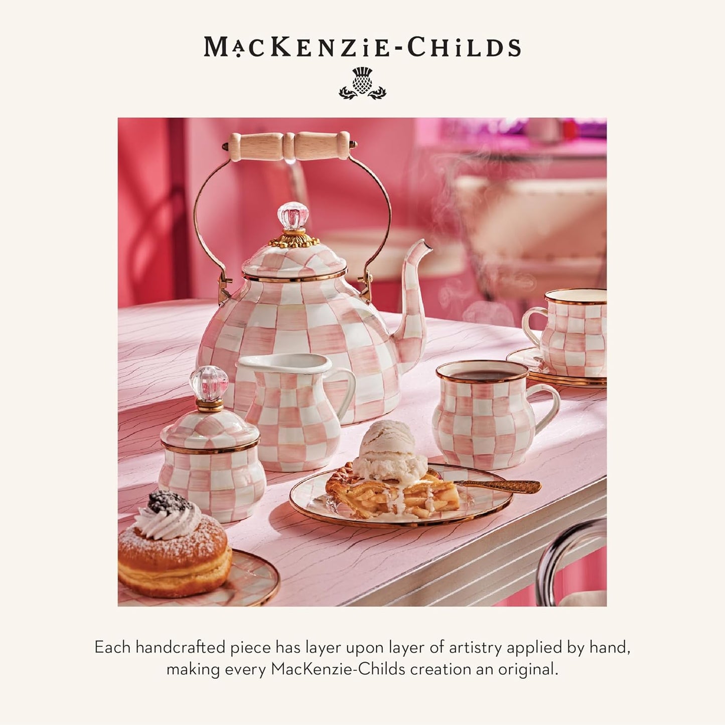 MACKENZIE-CHILDS Enamel Ice Cream Bowl, Serving Bowl for Entertaining, 2-Cup Capacity, Pink-and-White Rosy Check