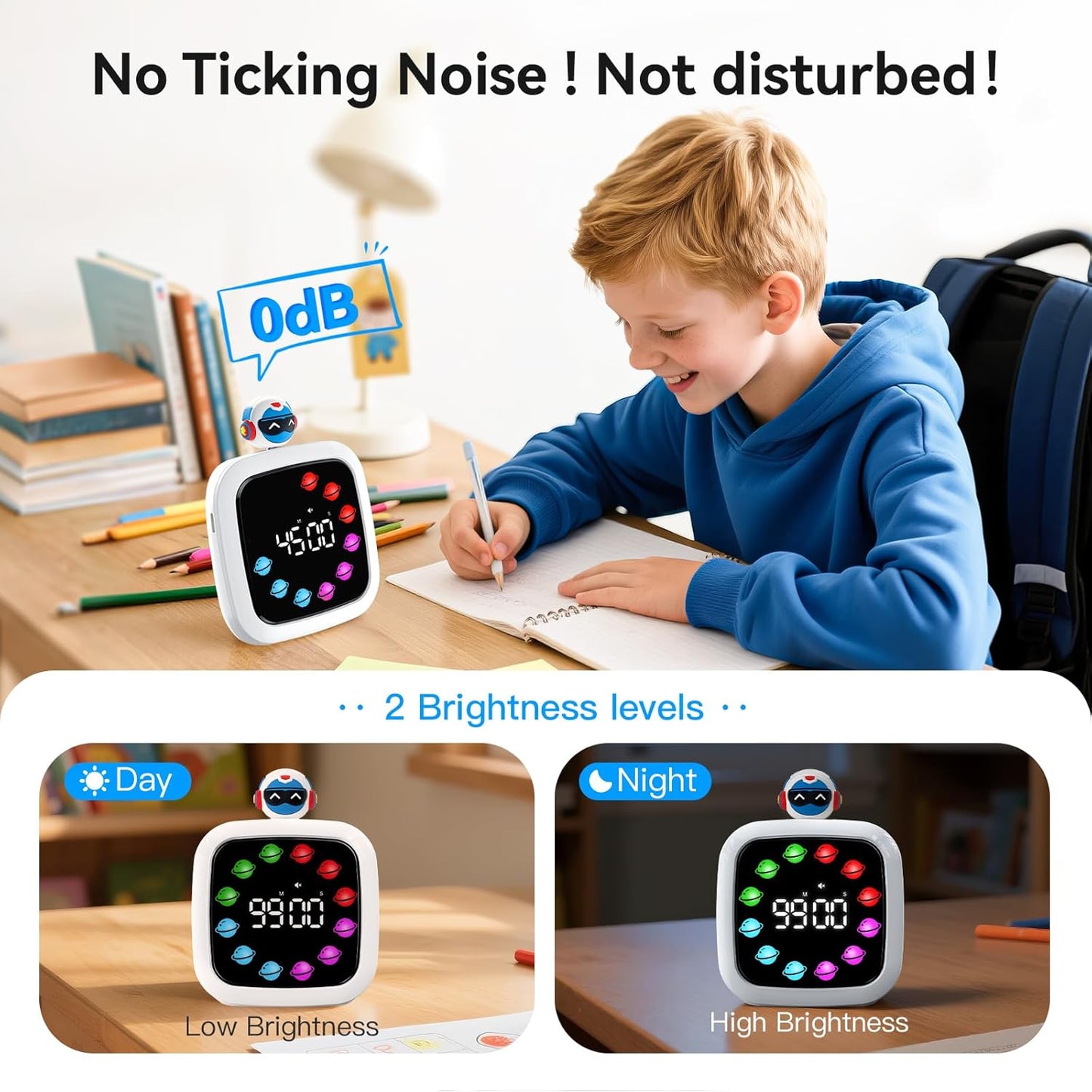 Yunbaoit Digital Visual Timer for Kids, Rechargeable 99-Minute Silent Countdown Timer with 19 Ringtones, 9 Optional DIY Color Planet Display, Time Management Tool with Pause Function (Robot)