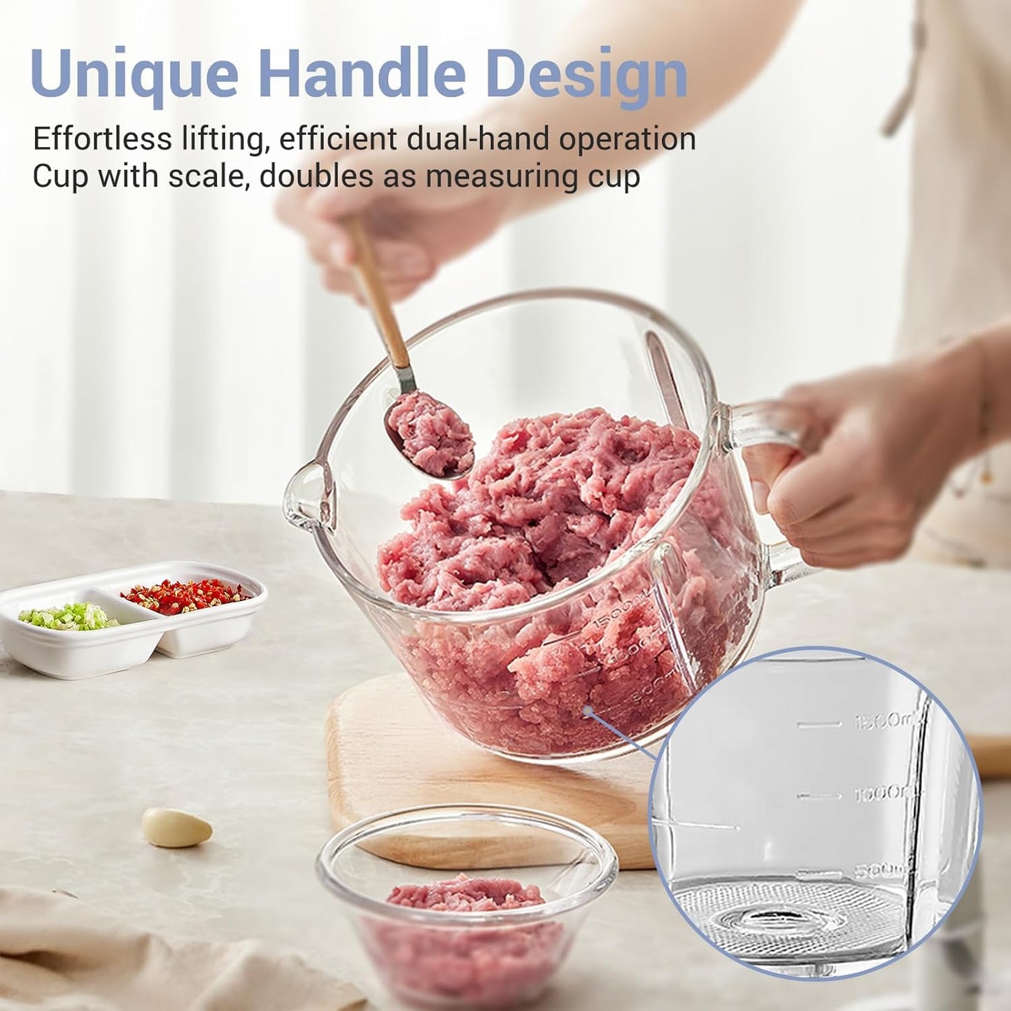 Bear Food Processor, Electric Food Chopper with 8 Cup/2L Handheld Glass Bowls, No-Hole 4 Bi-level Stainless Steel Blades for Easy Cleaning, 2 speed 250W Power Motor Grinder for Meat, and Baby Food