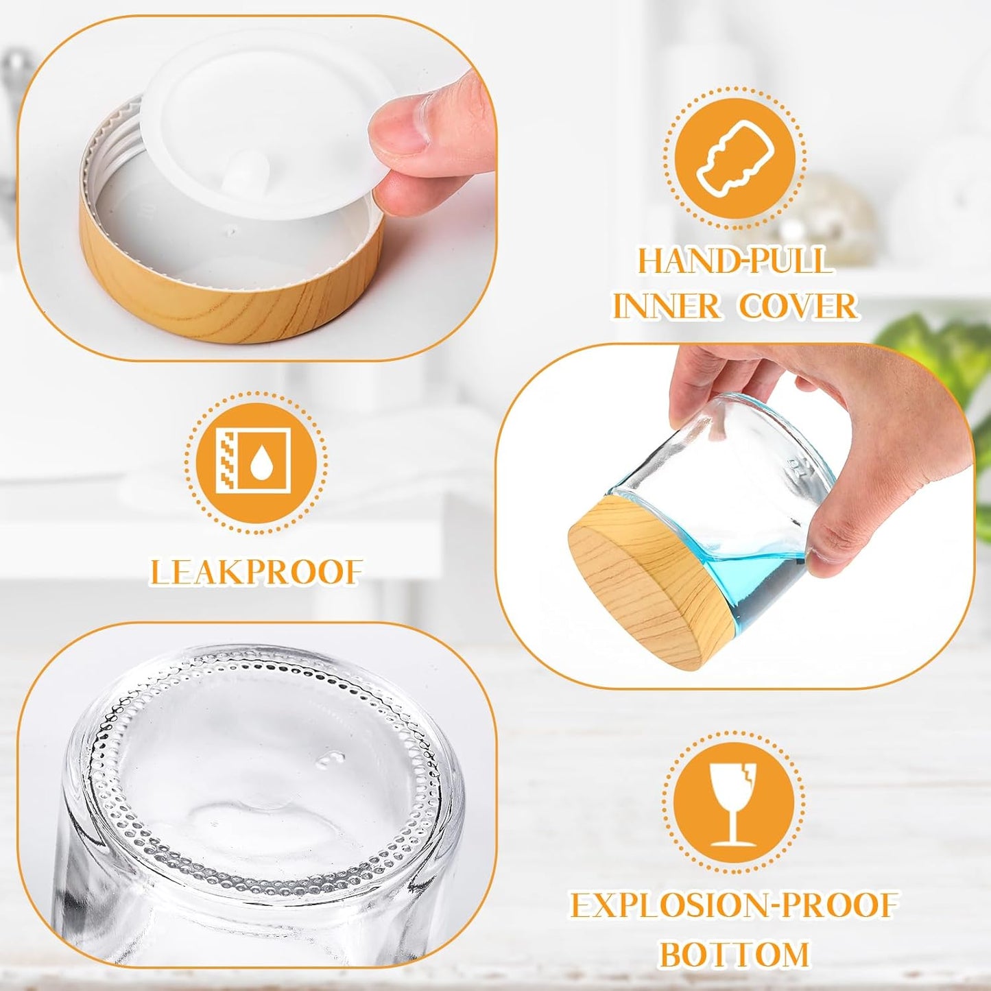 Norme 24 Pcs 4 oz Glass Jars with Lids Empty Small Glass Containers and Inner Liners Reusable Cosmetic Jars Round Airtight Bottles with Plastic Woodgrain Lids for Travel