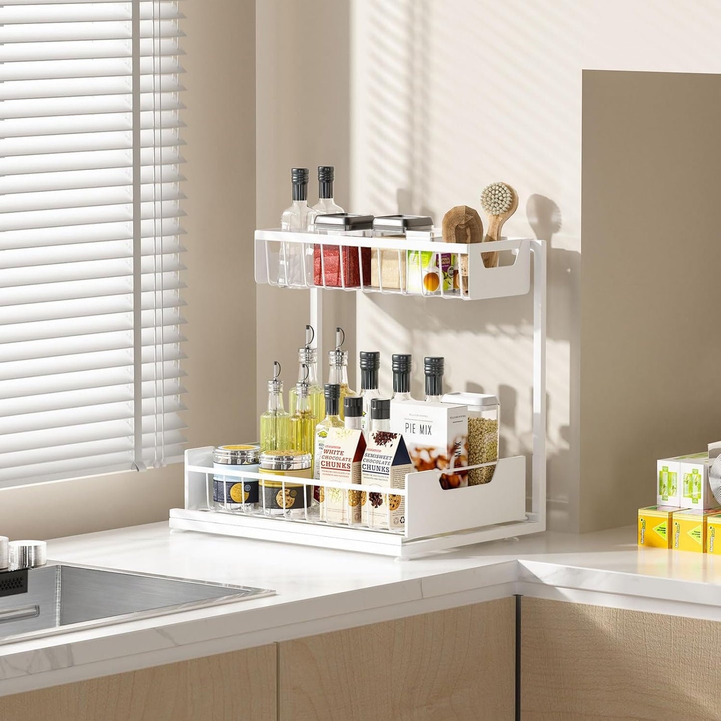 Under Kitchen Sink Organizers and Storage Pull Out 2 Tier Metal Bathroom Cabinet Organizer (White, 1 Pack)