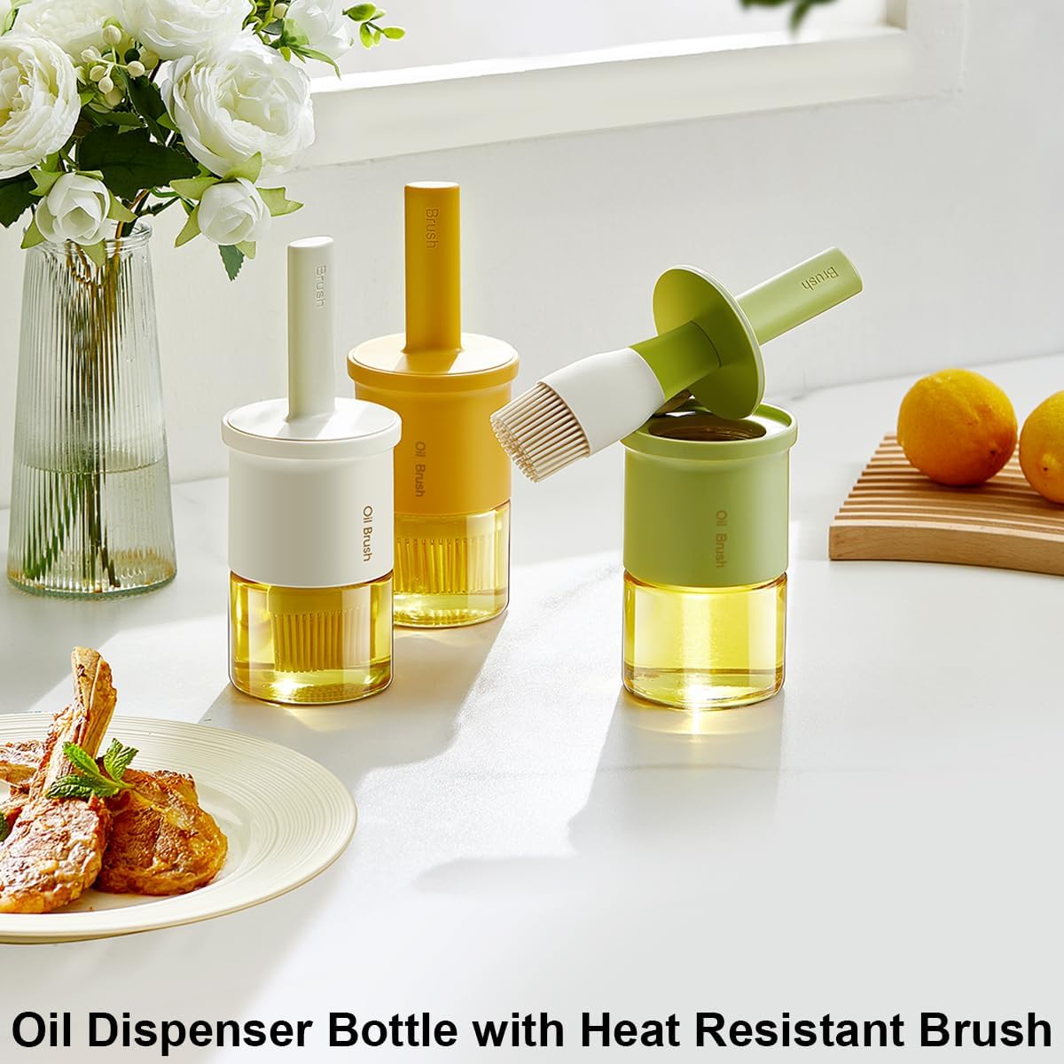 Glass Oil Dispenser with Heat Resistant Brush,Oil Dispenser Bottle with Silicone Pastry Brush for Kitchen,Cooking Vinegar and Sauce BBQ Grill Frying (Oil Dispenser-White)