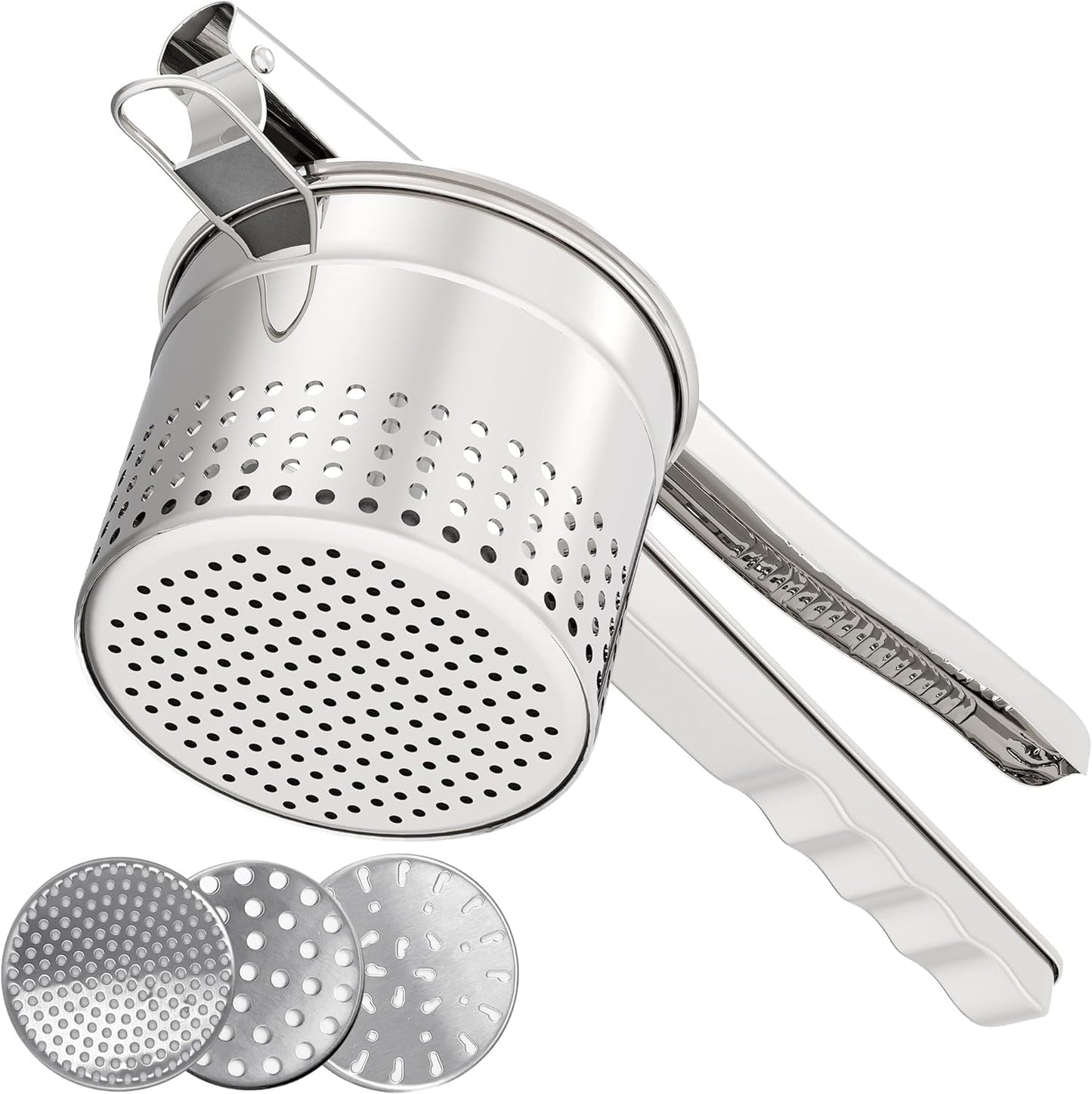 Large 15oz Potato Ricer with 3 Interchangeable Discs, Heavy Duty Stainless Steel Potato Masher with Ergonomic Handle, Masher and Ricer Kitchen Tool for Mashed Potatoes, Noodle Maker