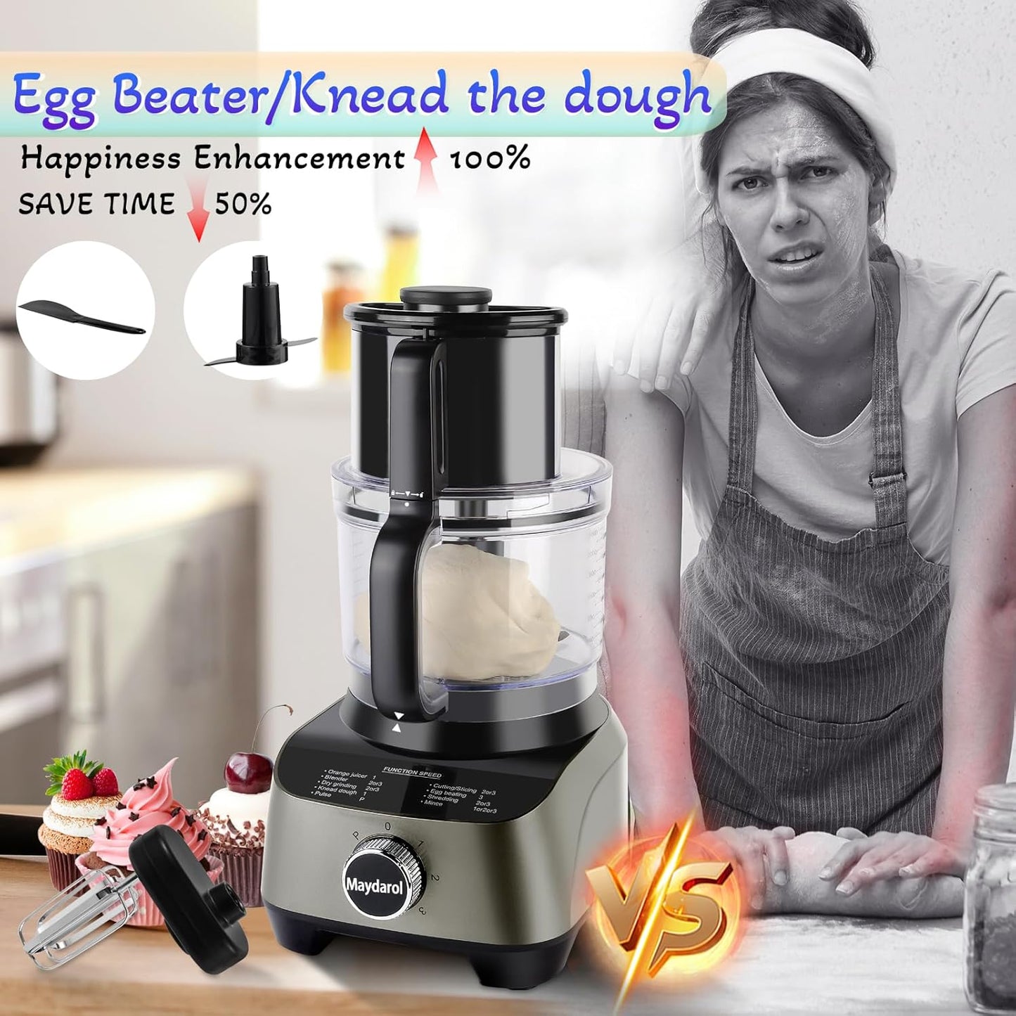 14 Cup Food Processor, French-Fry-Cutter, Blending, Mixing, Shredding, and Slicing, Meat and Vegetable Chopping, Doughing for Home Use, Mincing, and Pureeing,4 Speeds,600W