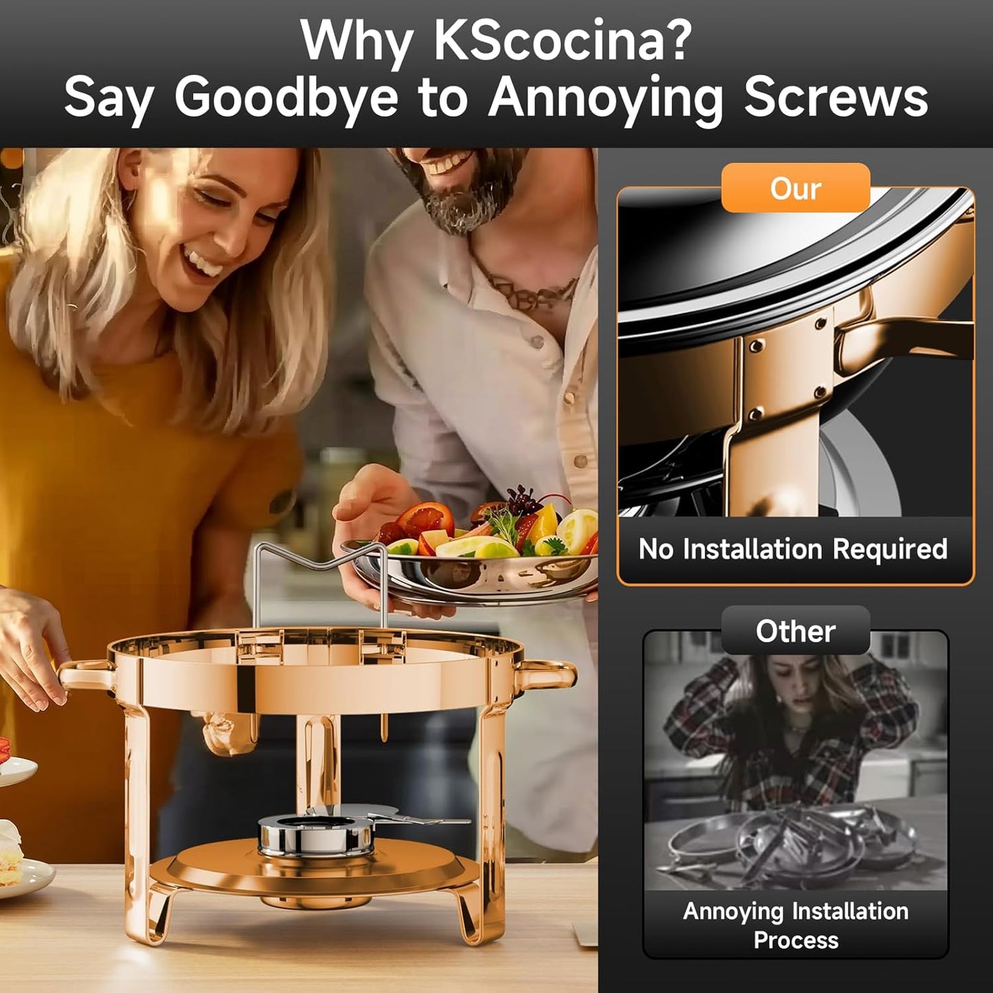 Chafing Dishes for Buffet, 4 Pack 5QT Round Stainless Steel Chafing Dish Set for Home Parties, Christmas Gatherings, Catering Events Complete Buffet Warmer Set (Rose Gold 2)