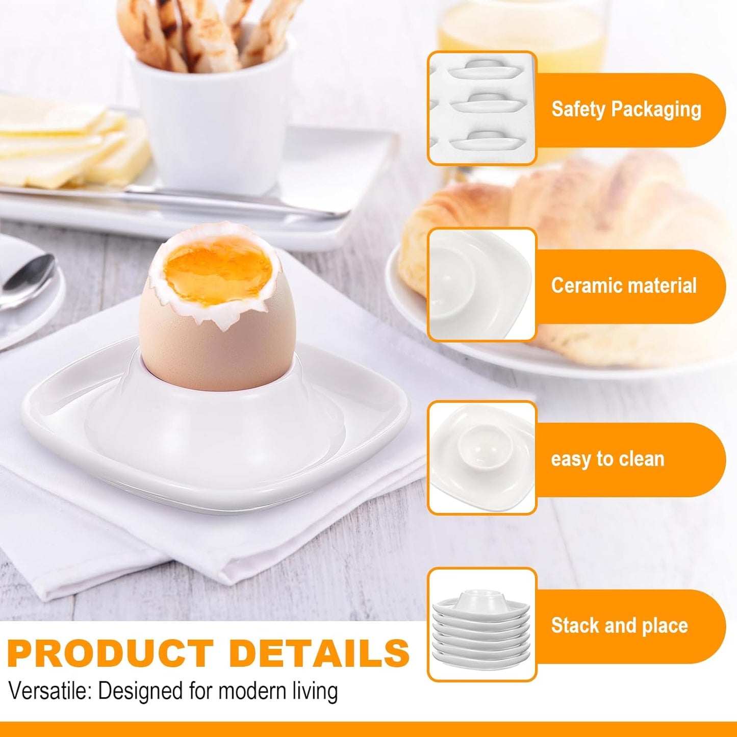 Honeydak 6 Pcs White Ceramic Egg Cups Hard Soft Boiled Egg Holders Stackable Porcelain Dish with Base for Breakfast Brunch Kitchen Serving Table Decor