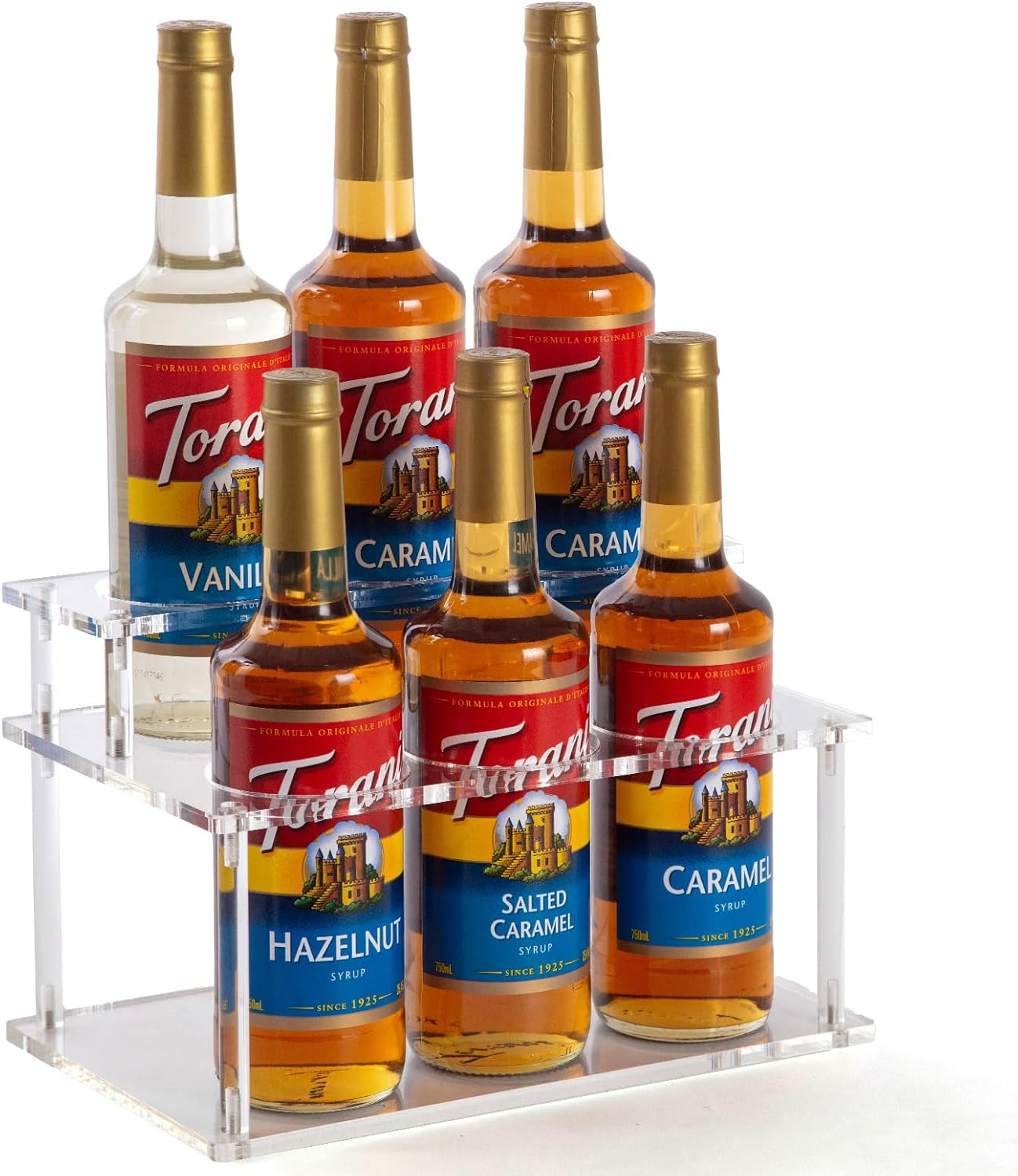 Acrylic Coffee Syrup Organizer, 2 Tier Coffee Syrup Rack (6 Bottle Capacity), Syrup Bottle Holder Stand for Coffee Bar, Kitchen Countertop Syrups, Condiments and Wine (Transparent)