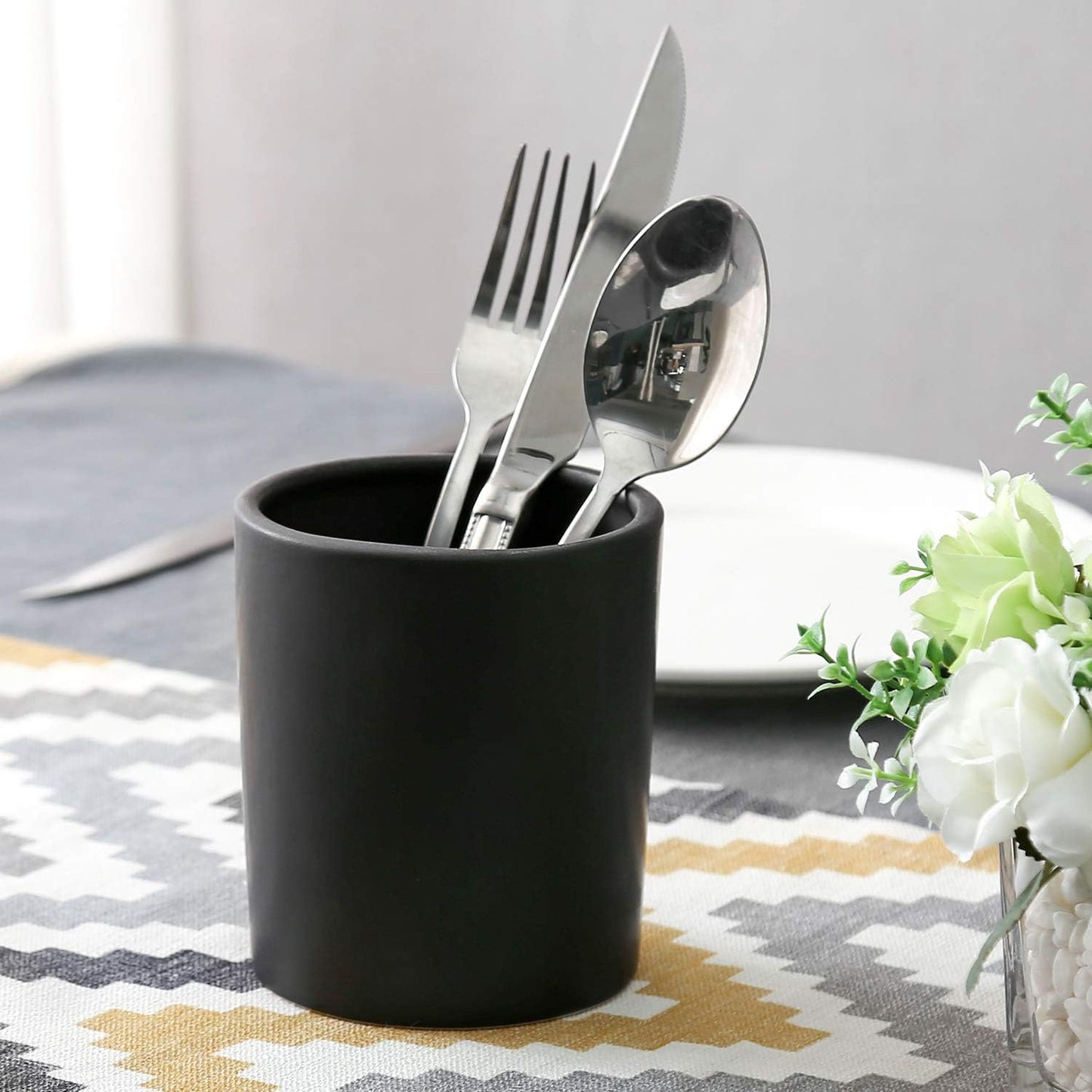 MyGift Set of 2 Black Ceramic Utensil Holder Kitchen Canister Cooking Tools Crock, Large and Small Countertop Silverware Caddy