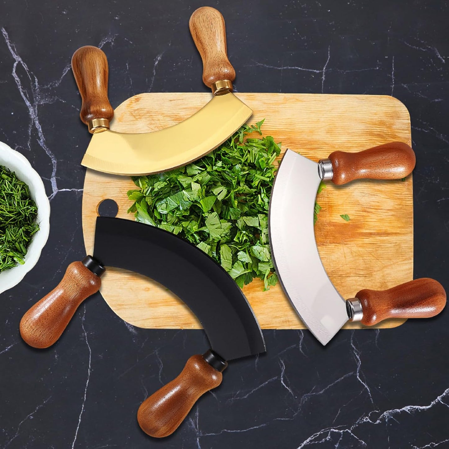 5.4 Inch Stainless Steel Mezzaluna Knife - Salad Chopper Rocker Pizza Cutter Rocker Knife Curved Blade Sharp Blade Double Acacia Wood Handle Fruit Vegetable Mincing (5.4 Inch Silver)