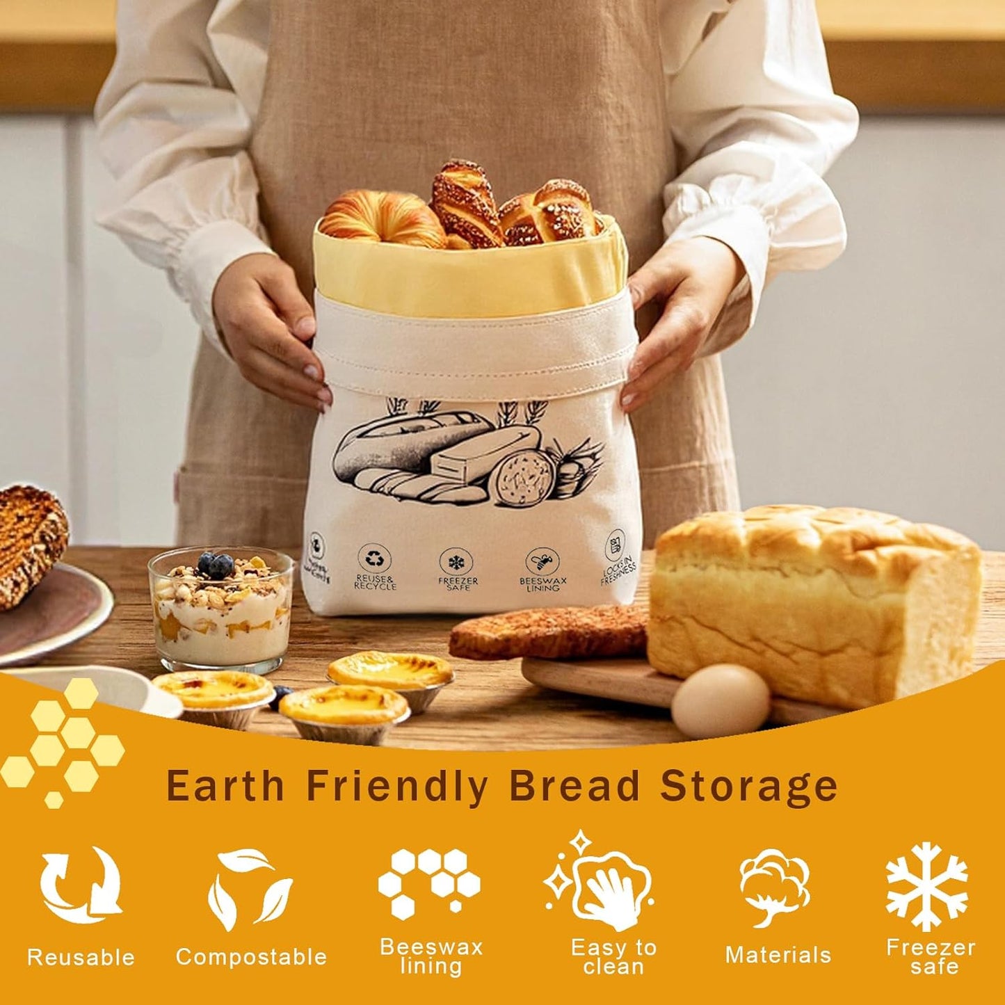 2-Pack Reusable Beeswax Bread Bags for Sourdough & Homemade Bread，Cotton Waxed Bags Keeps Fresh Longer(Golden Wheat)