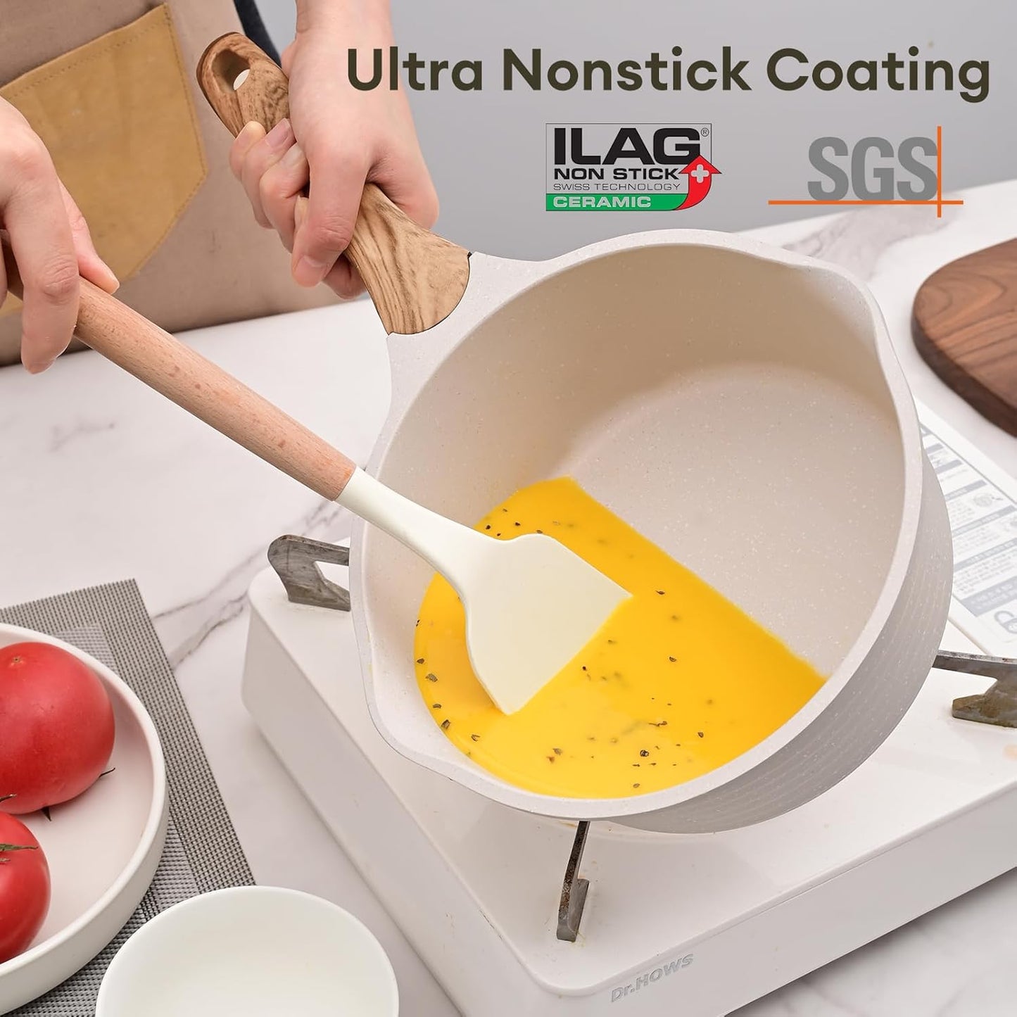 JEETEE 2 Quart Sauce Pan with Lid, Non Stick Small Pot with Coating, Masterclass Cookware Sauce Pot for Cooking, PFOA/PFOS Free(Beige)