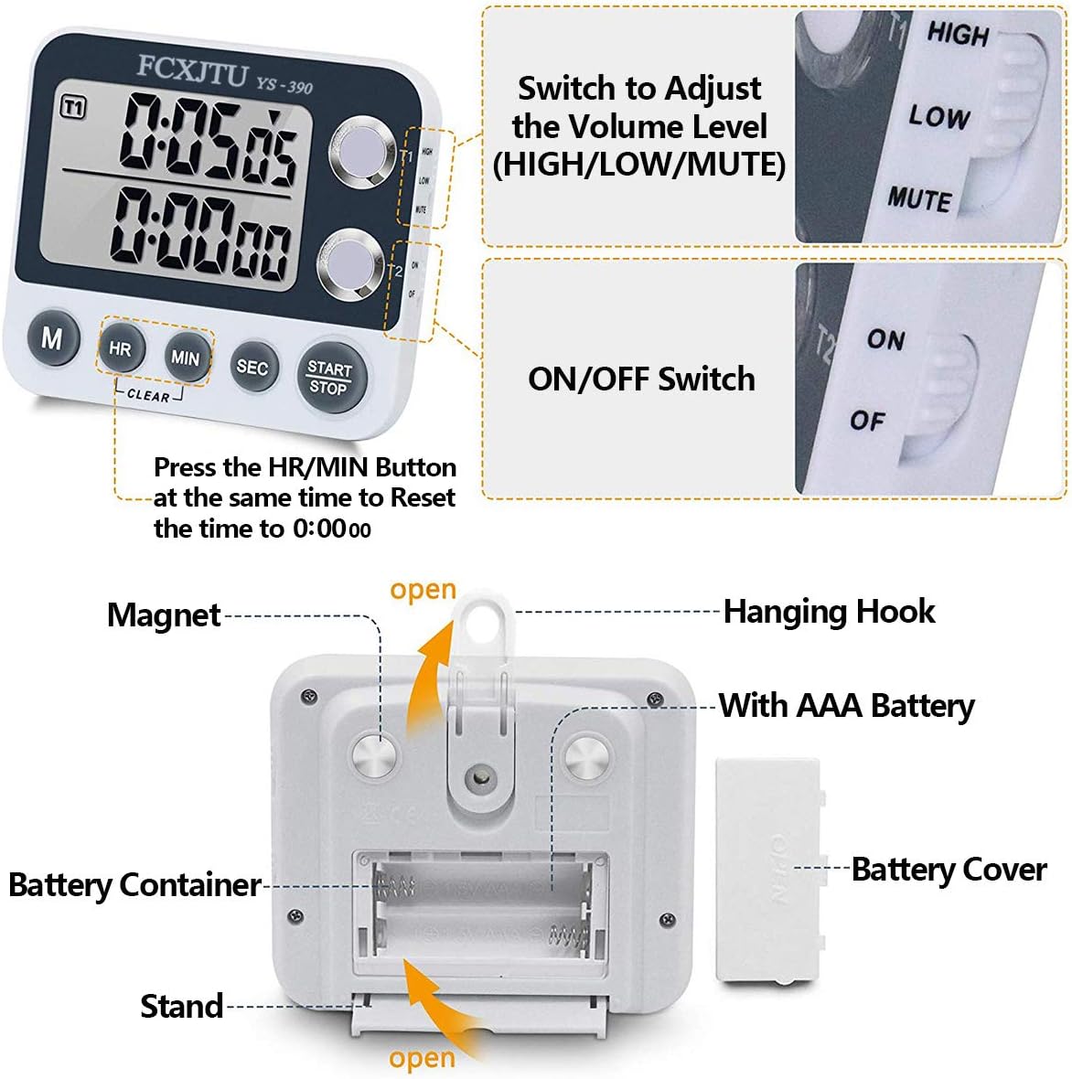 Digital Dual Kitchen Timer with Magnetic Back & Memory Presets, 2 Groups Countdown/Up Stopwatch Timer, 3-Level Volume + LED Alert, On/Off, 100Hr Max for Cooking, Baking (Battery Included)