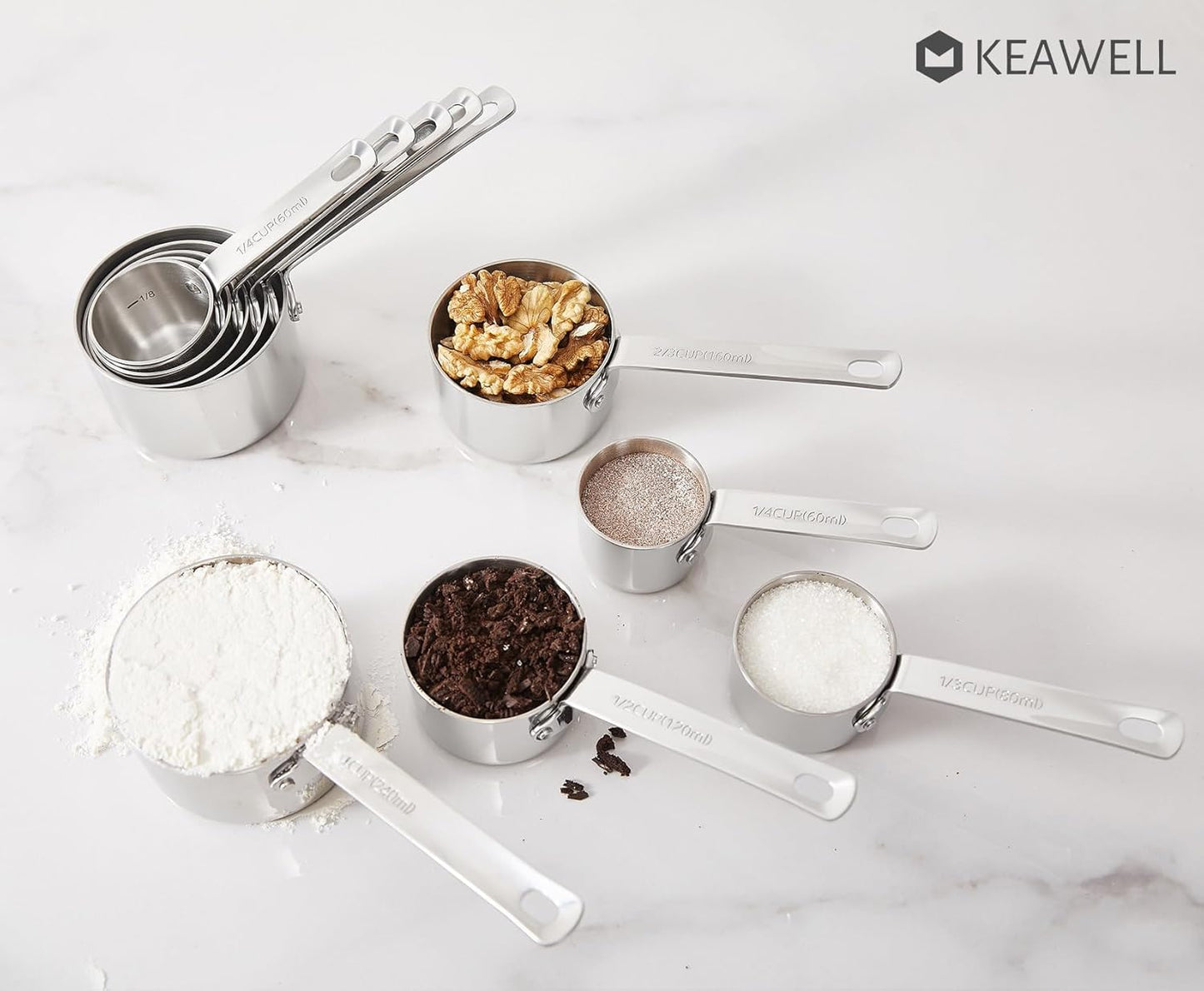 KEAWELL Premium 5-Piece Measuring Cups Set –1/4, 1/3, 1/2, 2/3, and 1 cup-18/10 Stainless Steel - Durable, Stackable, Dishwasher Safe – Nesting Design for Baking & Cooking (Silver, 5PC Measuring Cups)