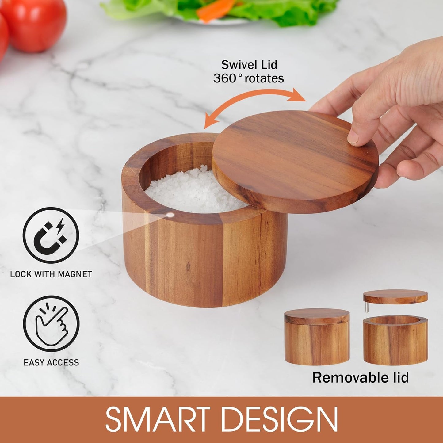 Acacia Salt Cellar 9 Ounces Capacity, Wood Salt Box With Swivel Cover, Spice Keeper, Wood Jar For Kitchen, Perfect For Keeping Table Salt, Gourmet Salts, Herbs or Favorite Seasonings