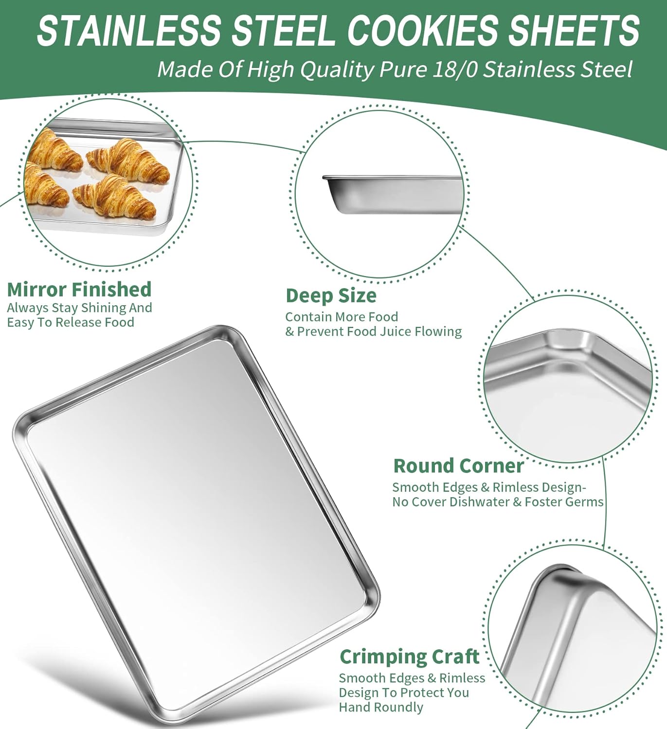 Baking Sheets Set of 2, HKJ Chef Cookie Sheets 2 Pieces & Stainless Steel Baking Pans & Toaster Oven Tray Pans, Rectangle Size 16 x 12 x 1 inch, Non Toxic & Healthy & Easy to Clean