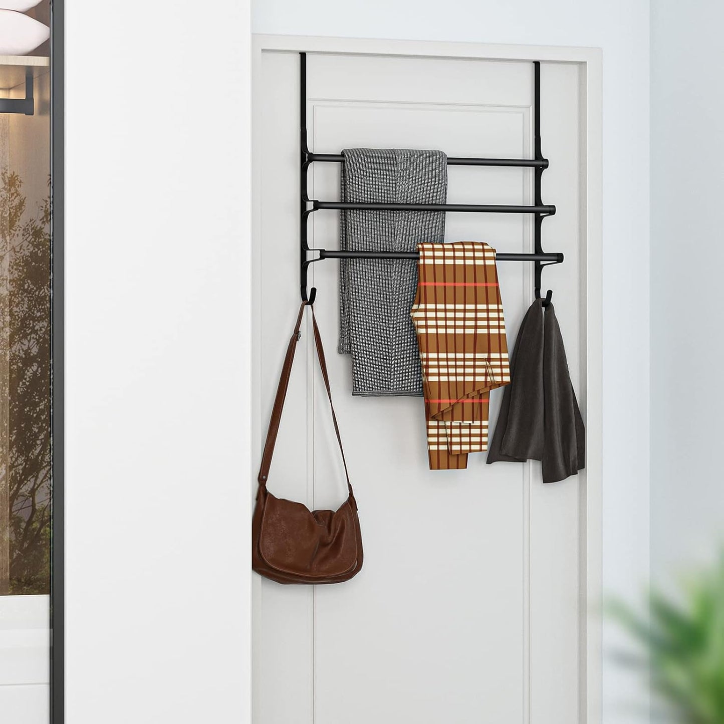 Over The Door Towel Rack, Over Door Towel Rack for Bathroom Door, Triple Towel Storage Holder with Hooks (Matte Black, 20.15" L)