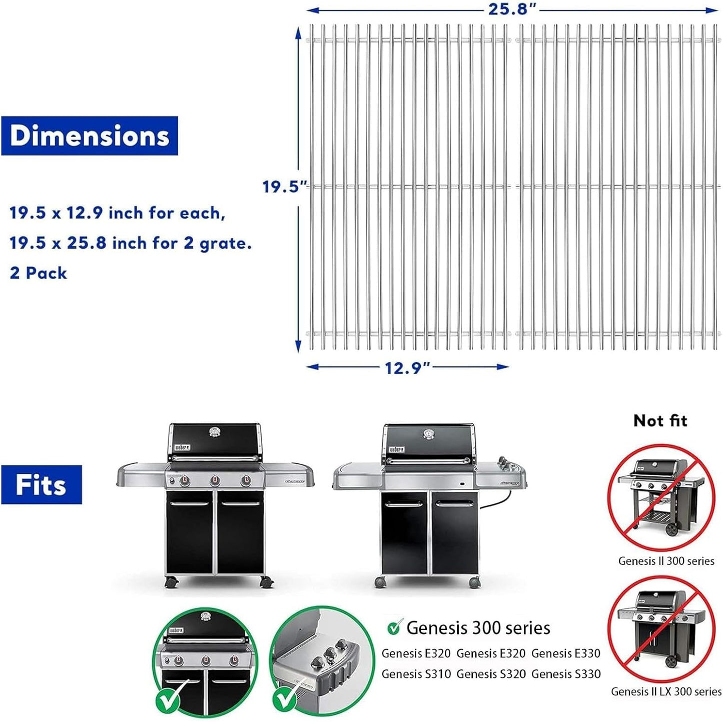 Uniflasy 19.5" Grill Grate for Weber Genesis 300 Series, 304 Stainless Steel Grill Grate for Weber Genesis S330 S320 S310 E330 E320 E310, Replacement Grill Grates for Weber 7528/7524