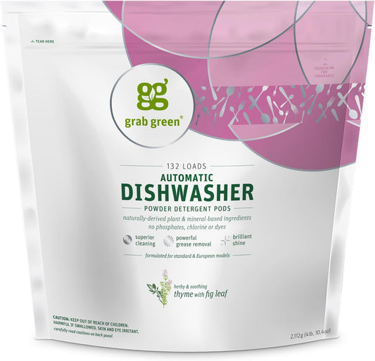 Grab Green Automatic Dishwashing Detergent Pods, 132 Count, Thyme Fig Leaf Scent, Plant and Mineral Based, Superior Cleaning, Powerful Grease Removal,