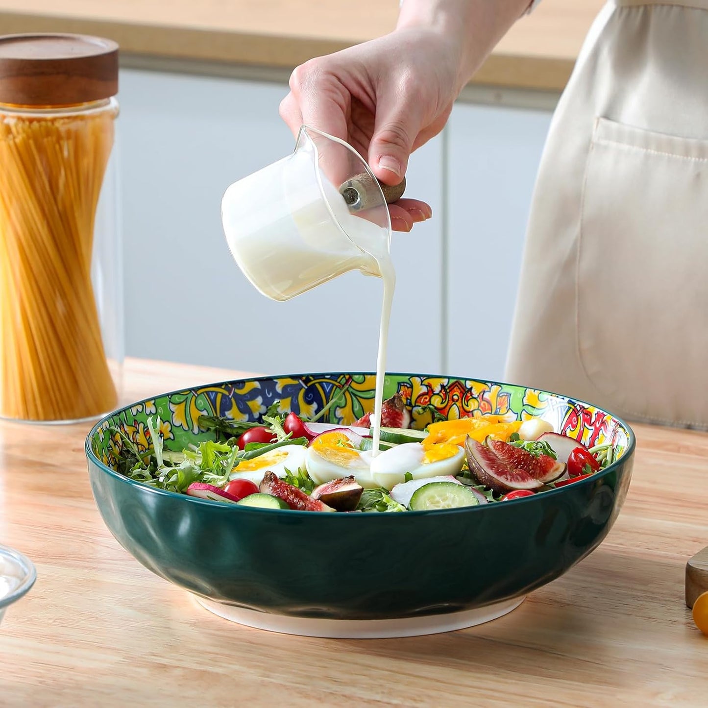 vancasso Large Serving Bowls, 78 Oz Extra Large Salad Bowls Set of 2, Bohemian Decorative Bowls for Salad, Fruit, Pasta and Dinner, Serving Dishes Set for Party, Dishwasher & Microwave Safe－Green