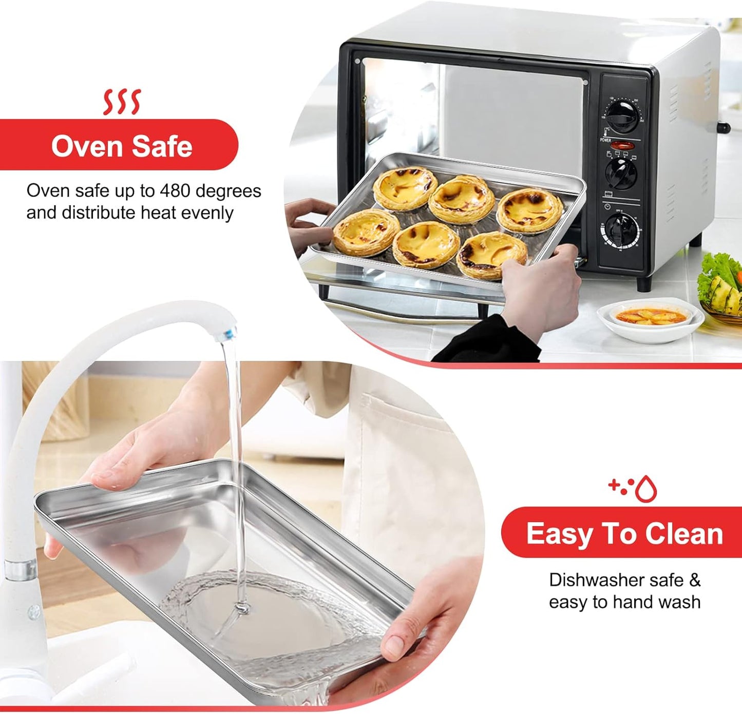 Cookie Sheets for Baking, Stainless Steel Baking Sheet Baking Pan Tray - 12.4 x 10 x 1 Inch, Non Toxic & Healthy, Mirror Finish & Easy Clean, Dishwasher Safe & Heavy Duty