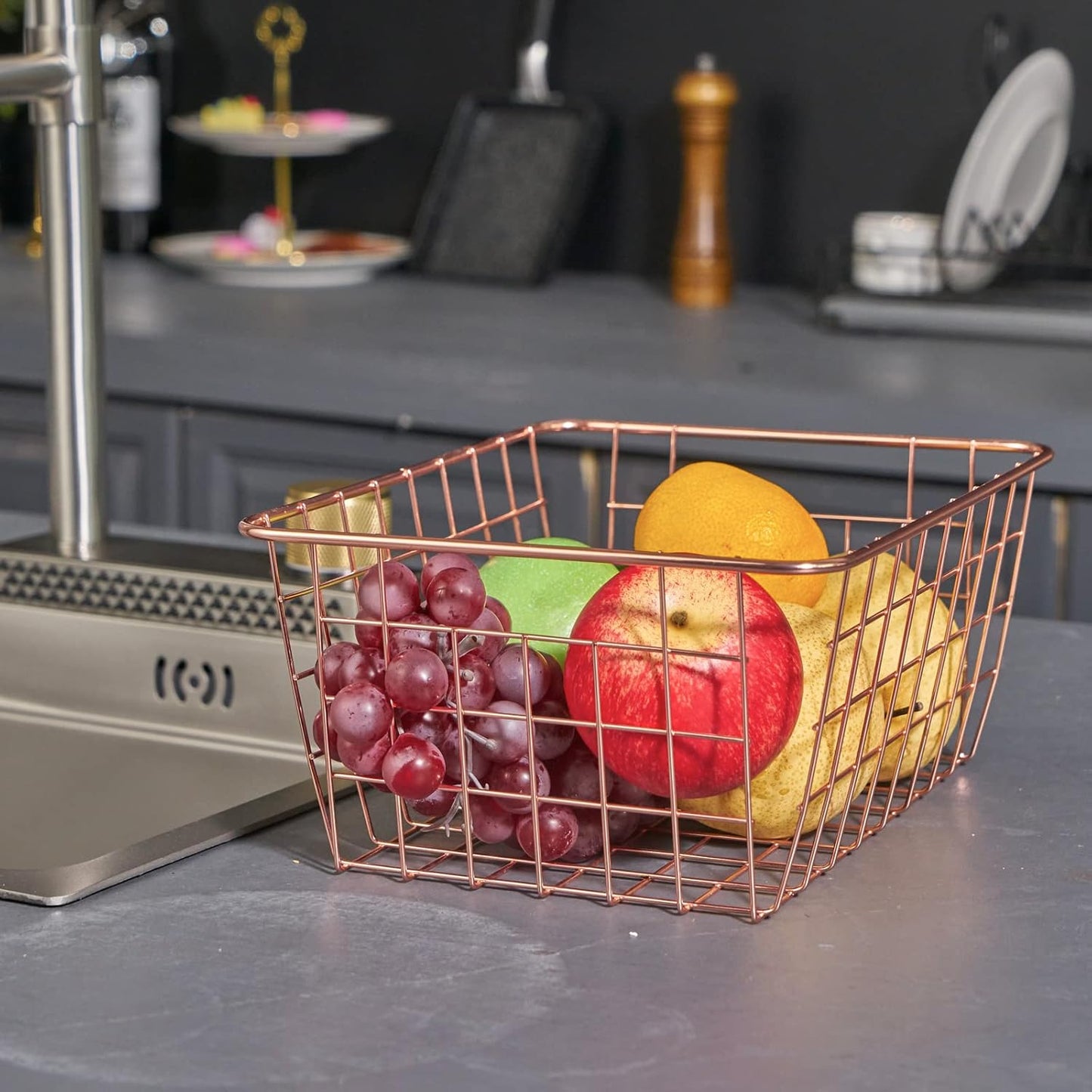 Wire Kitchen Storage Basket 5 Packs,Perfect Pantry Organization Accessories Baskets,Laundry Basket,Countertop Organization,Suitable for Kitchen,Bathroom,Bedroom,Tabletop,Rose gold