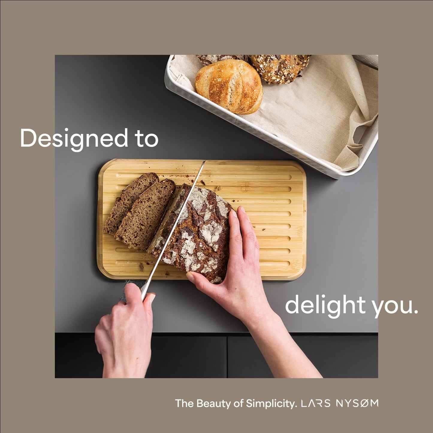 LARS NYSØM Bread Box I Metal Box with linen bag for long lasting freshness I Bread Bin with bamboo lid usable as cutting board I 13.4x7.3x5.3In (Ash Gray)