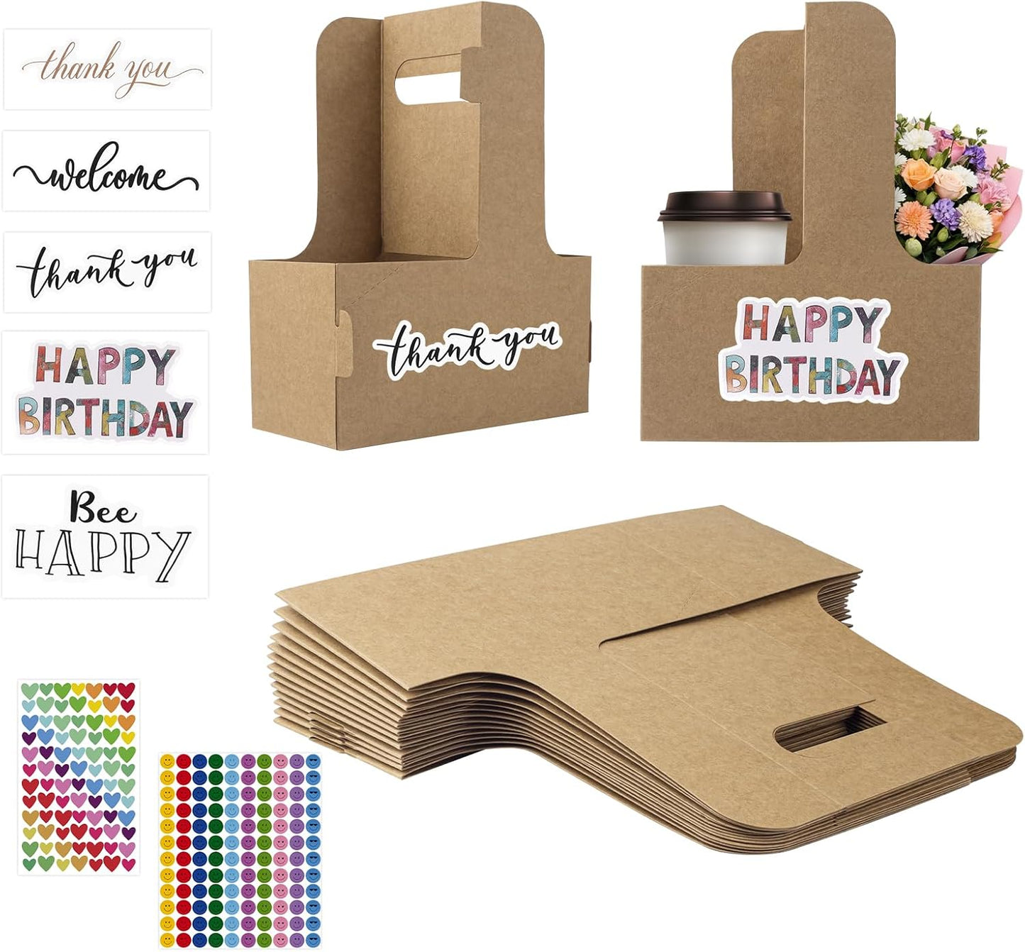 30 Pcs 2 Cup Drink Carrier with Handle, Assemblable Kraft Cardboard Cup Holders with 30 Pcs Happy Birthday Stickers, Disposable Drink Carrier for Drinks Coffee Take Out Cup Carriers Brown