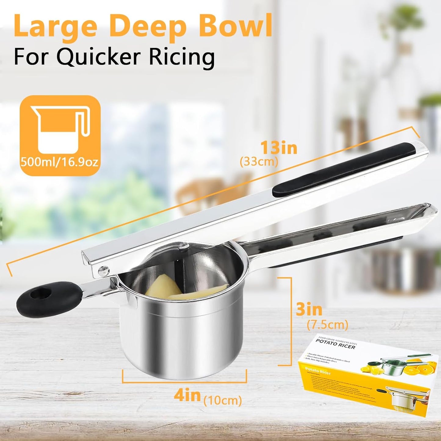 KAYCROWN Potato Ricer With 3 Discs, Heavy Duty Stainless Steel Potato Masher and Ricer for Mashed Potatoes Tool, Lemon Squeezer Spaetzle Maker