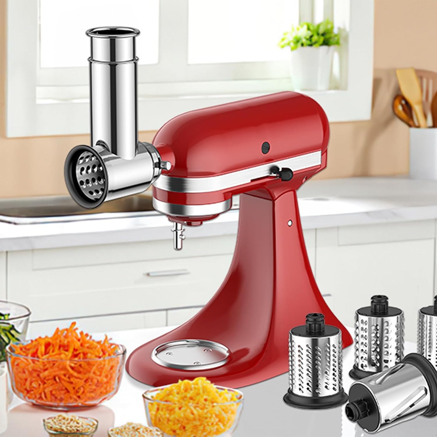 Stainless Steel Slicer Shredder Attachment for KitchenAid Stand Mixer, Cheese Grater Attachment for Kitchenaid, Salad Maker, Grinding Powder, Dishwasher Safe with 4 Blades by Innomoon