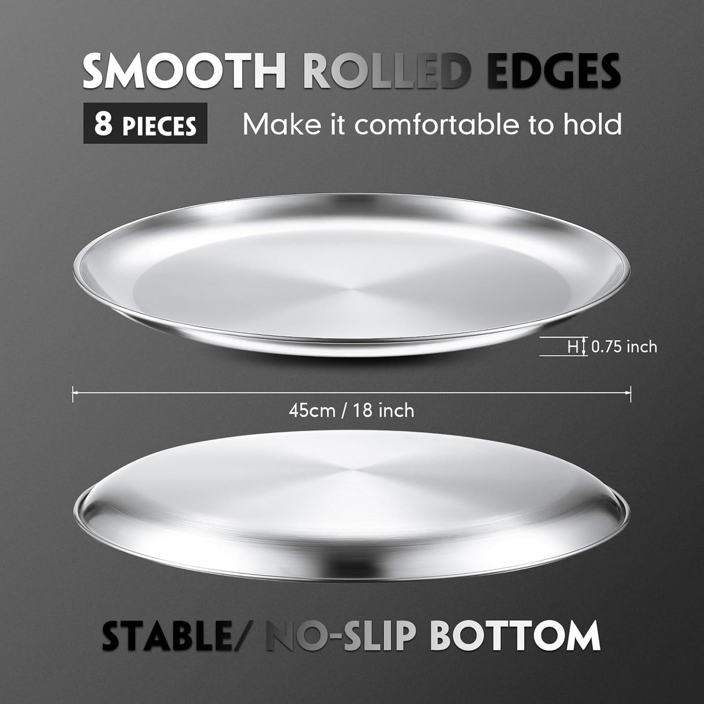 Thenshop 8 Pieces 18 Inch Pizza Pans Bulk Stainless Steel Sets Round Bakeware Pizza Trays for Oven Kitchen Baking Home Restaurant Safe Sturdy Reusable Easy Clean(Matte Silver)