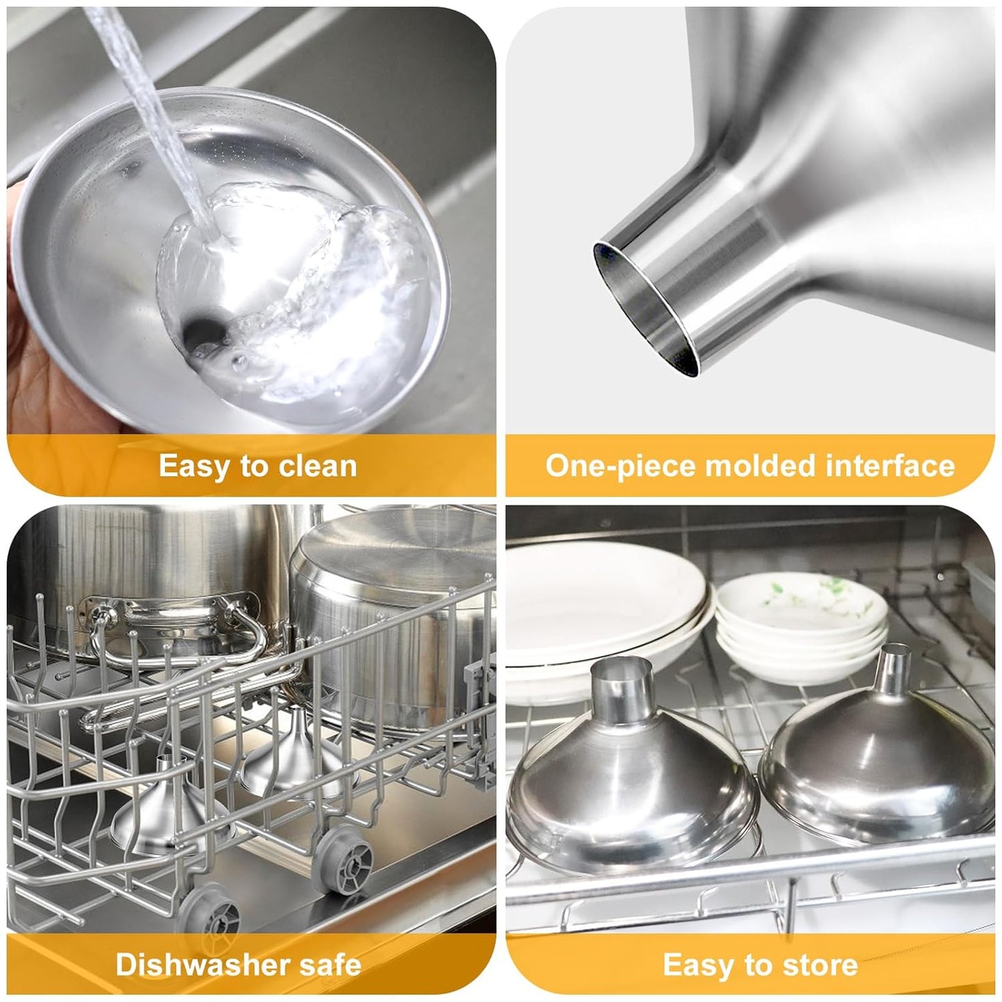 2 Pack Stainless Steel Kitchen Funnel Set for Filling Bottles - 2 Different Caliber Sizes, Seamless One-Piece Design for Transferring Oils Spices Powder Mixes (Easy to Clean)