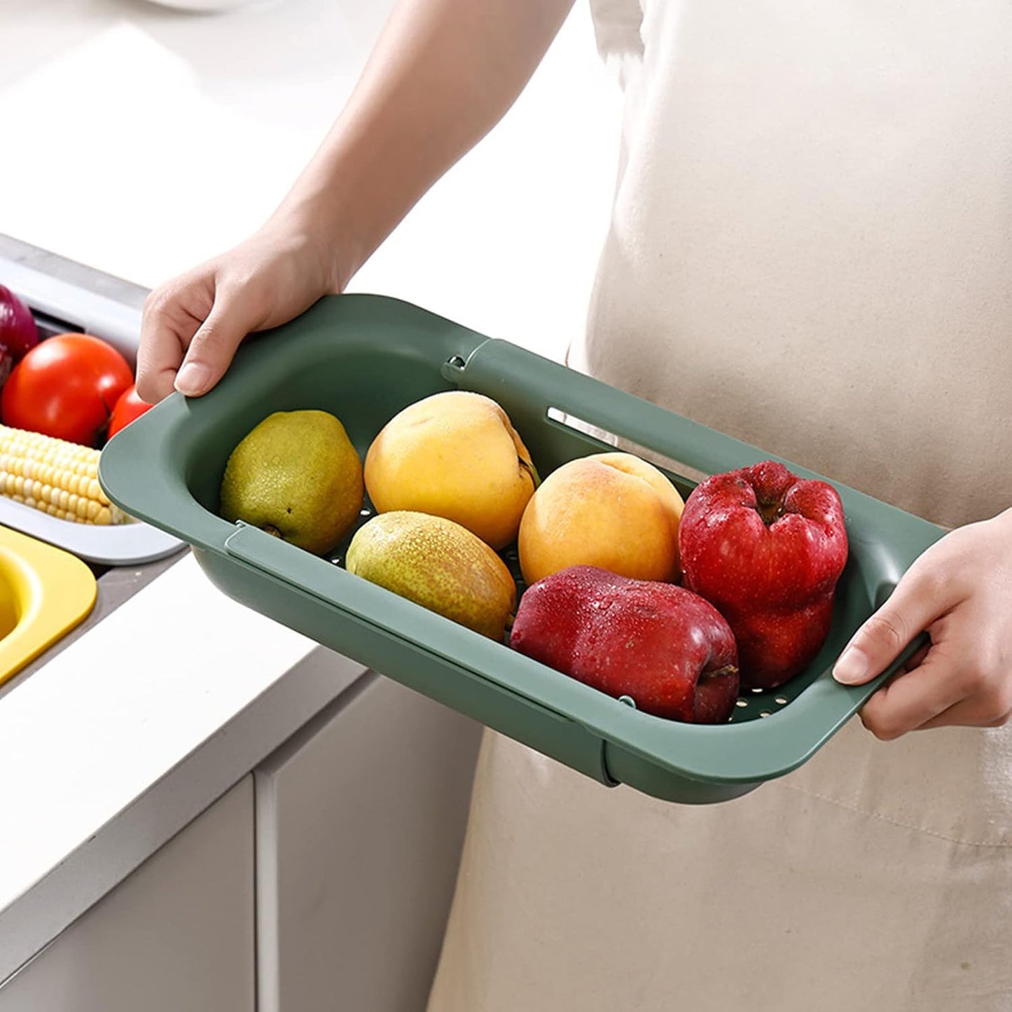 Collapsible Sink Colanders and Strainers Basket Extendable Plastic Fruit Vegetable Strainer Drainer Basket for Kitchen (Length 13.6 inch-18.7 inch) (Apple Green)