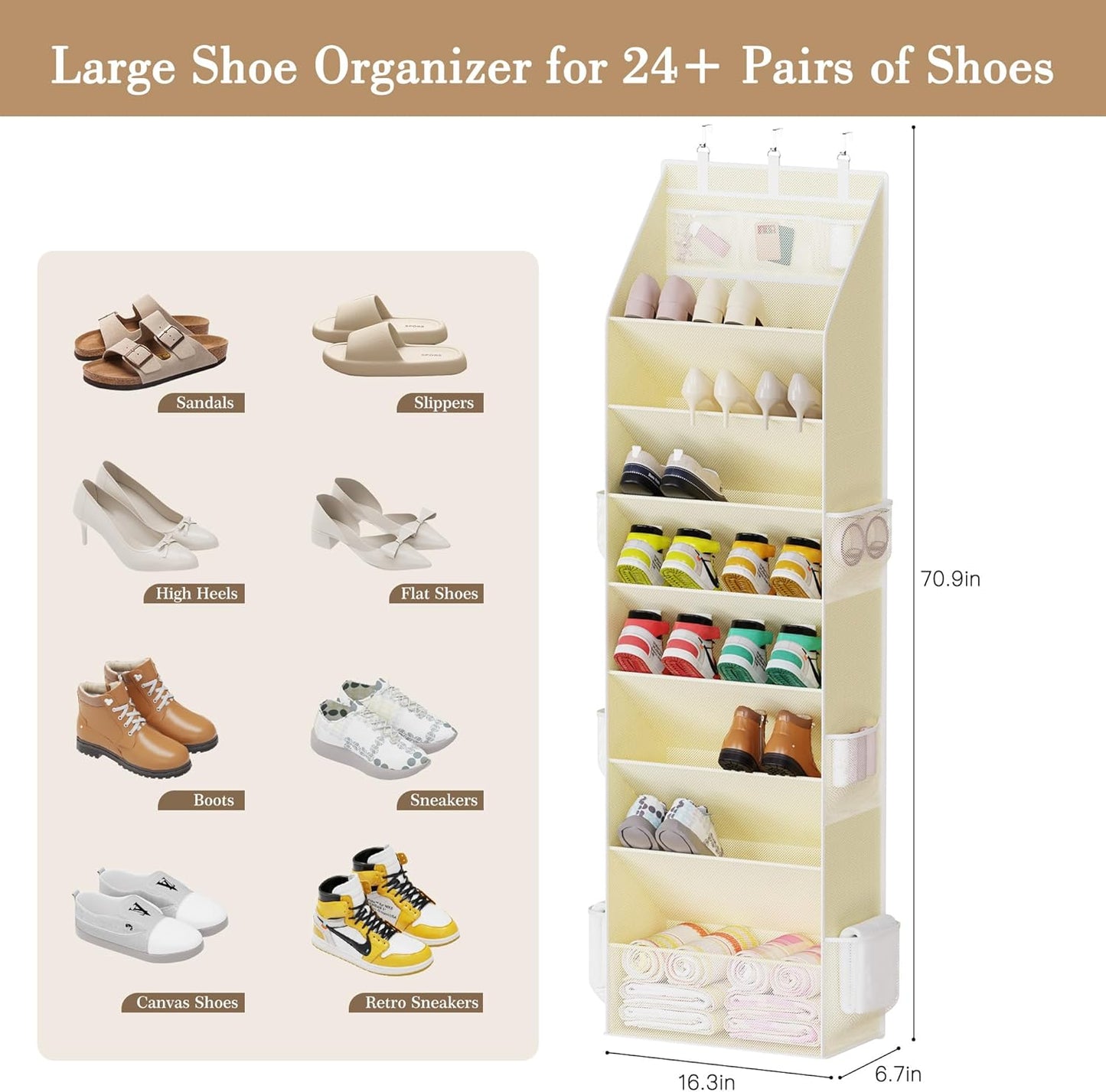 Criusia Shoe Storage, Over the Door Shoe Organizer, Hanging Closet Shoe Storage with Large Deep Pockets, Fits 16–24 Pairs of Sneakers, Sandals, Boots, Beige