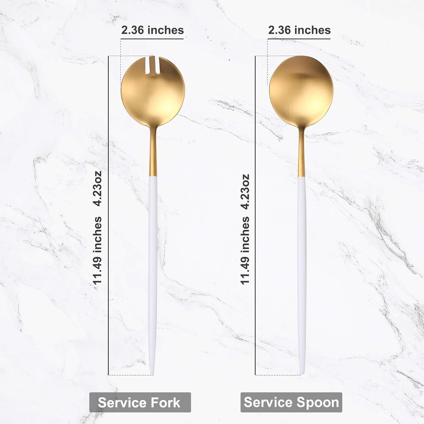 White Gold Salad Serving Utensils,Serving Spoons Stainless Steel,2Pcs Long Handle Salad Servers 11.42 Inch,Salad Utensils for Serving,Matte Finish,Dishwasher Safe