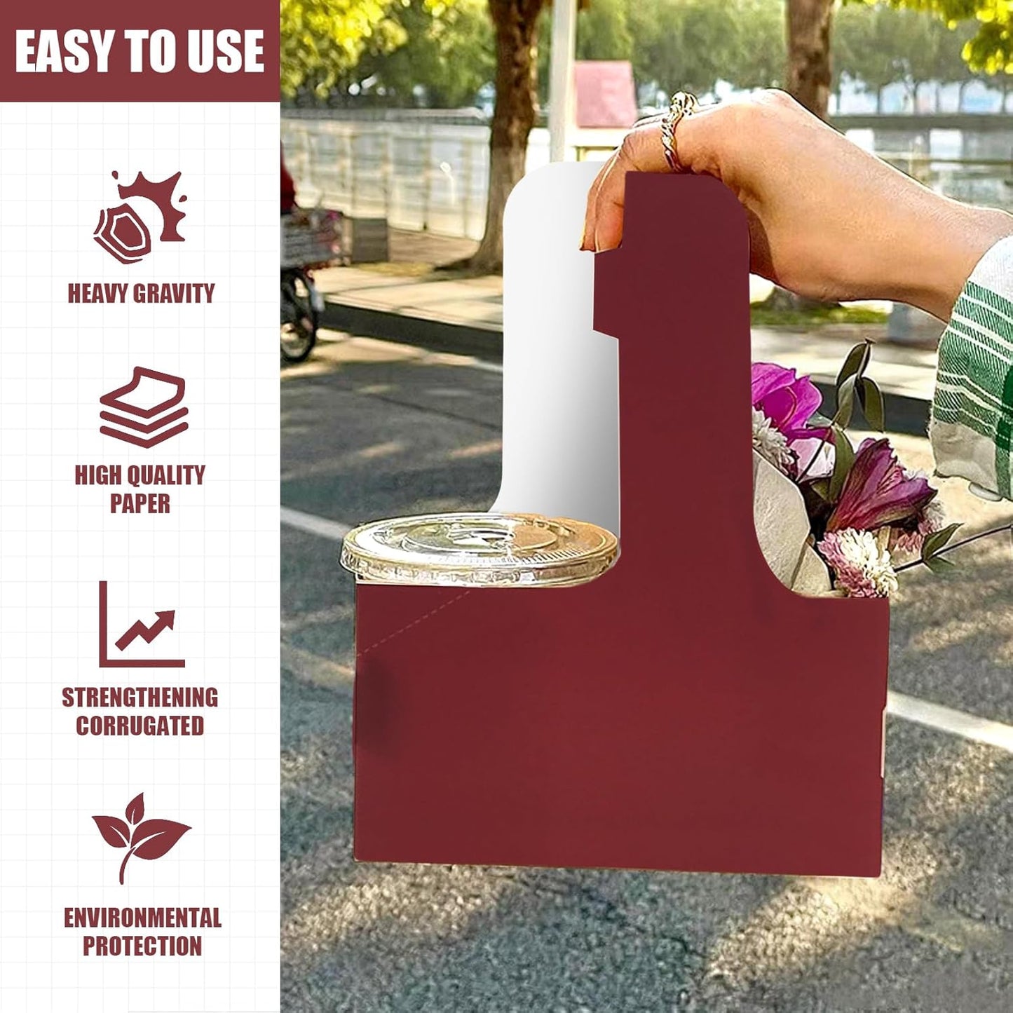 2 Cup Disposable Drink Carrier for Delivery with Handle,15 Count Wine Paperboard Cup Holder,Cup Carriers for Hot or Cold Drinks,Coffee Carrier, Food Delivery,Take Out Cup Carriers (Wine Red, 15 PCs)