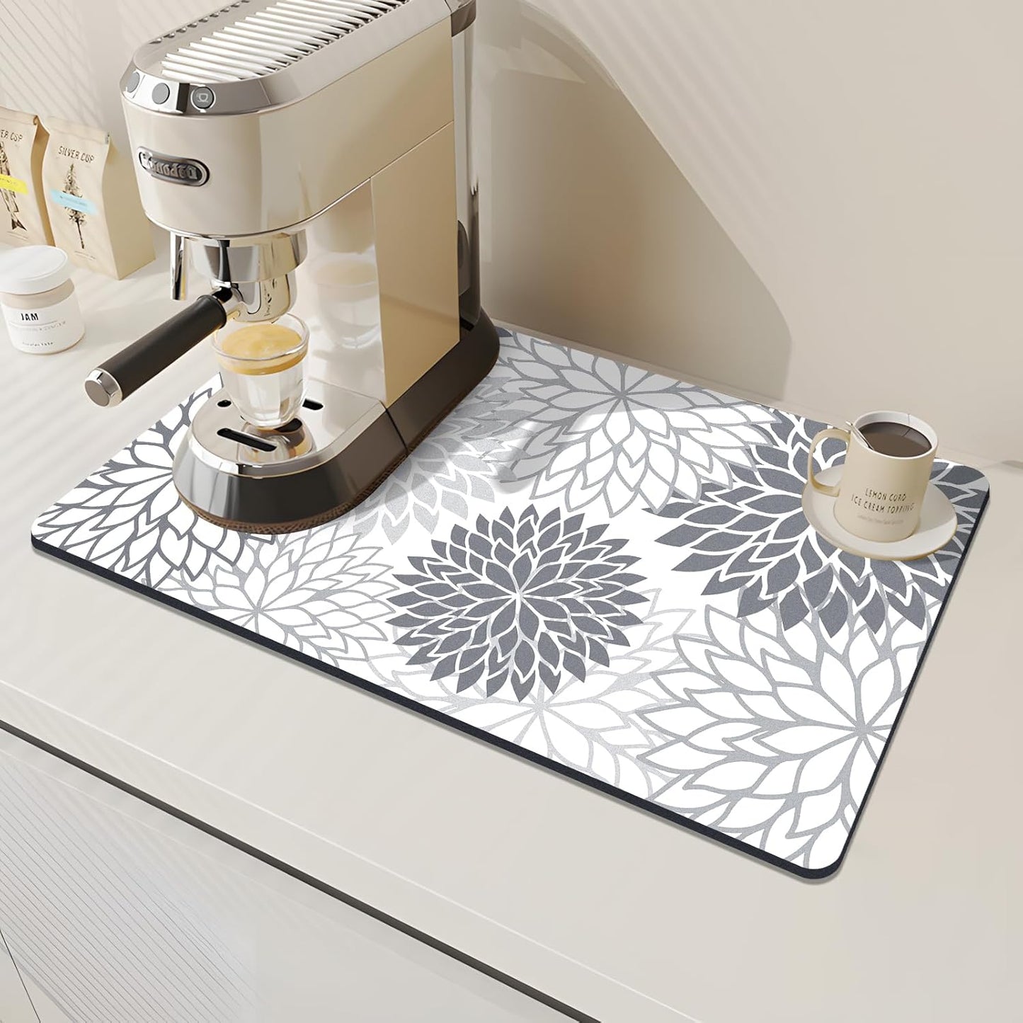 Findosom 2PCS 16" x 24" Dish Drying Mat & 24" x 5.5" Sink Splash Guard, Super Absorbent & Cuttable Dish Mat Drying Kitchen Mat with Gray Floral, Hide Stain Drying Mat for Kitchen Counter