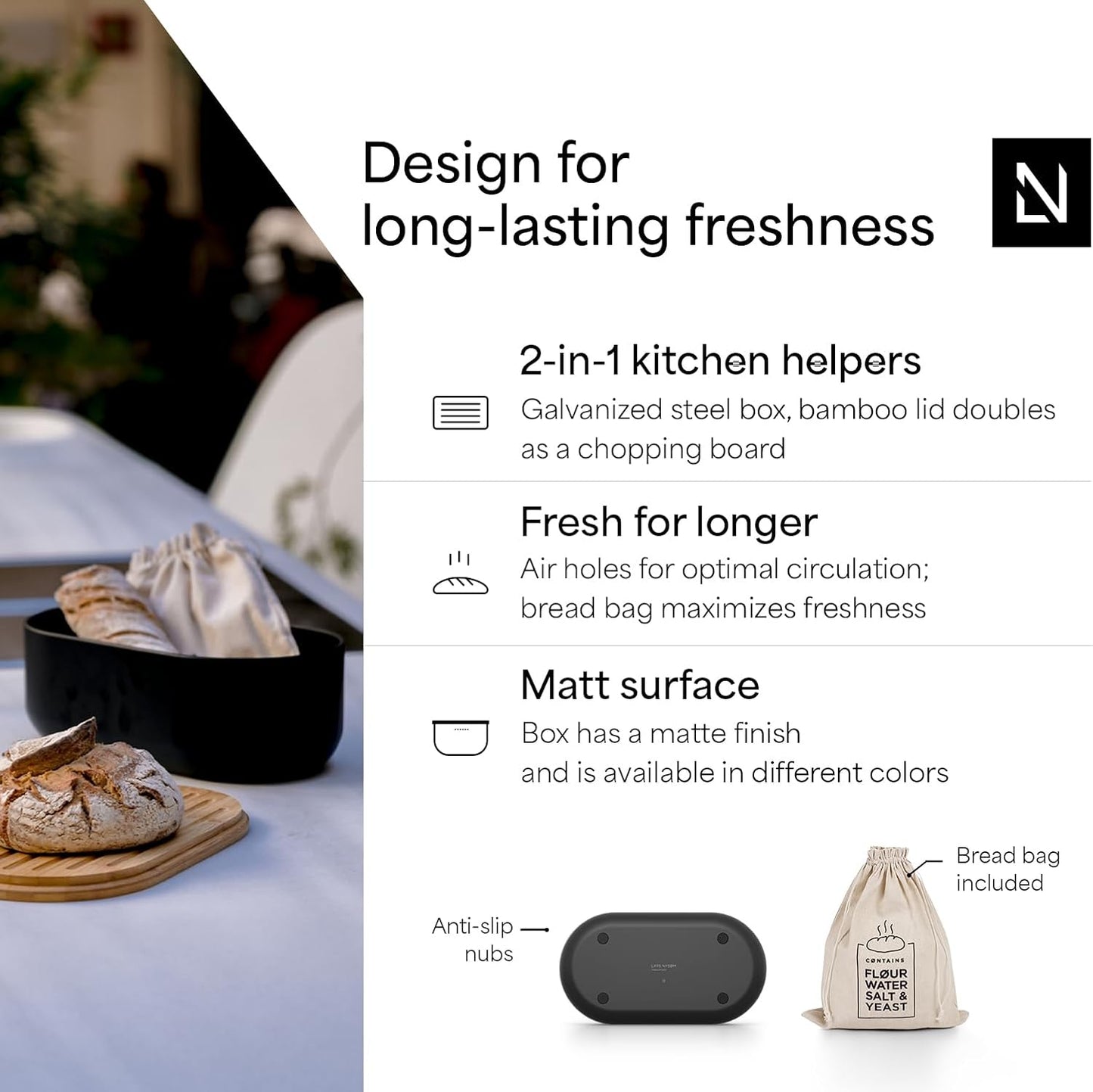 LARS NYSØM Bread Box I Metal Box with linen bag for long lasting freshness I Bread Bin with bamboo lid usable as cutting board I 14.2x7.5x5.1 In (Carbon Black)