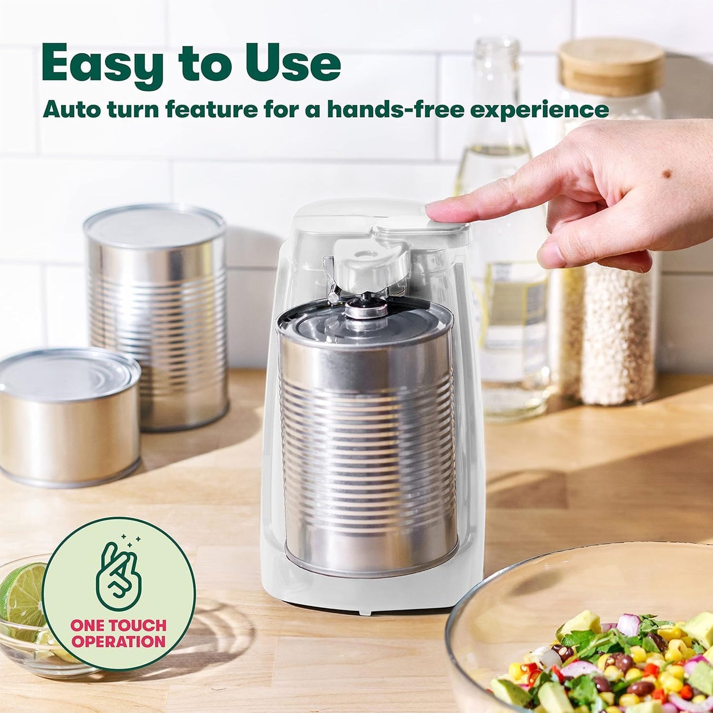BELLA Electric Can Opener and Knife Sharpener, Multifunctional Jar and Bottle Opener with Removable Cutting Lever and Cord Storage, Stainless Steel Blade, White